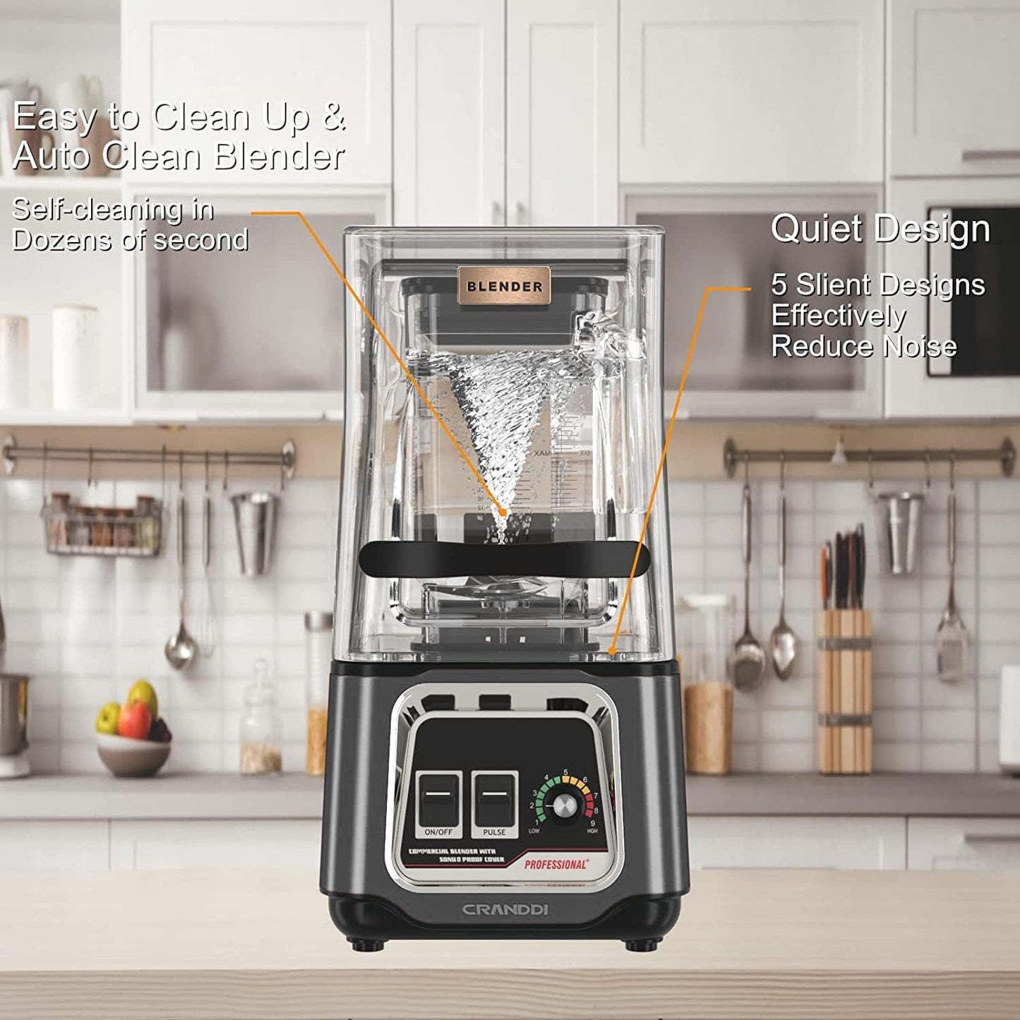 CRANDDI Commercial Blender, 2200W Countertop Blenders with Removable Shield, Quiet Smoothie Blender for Shakes and Ice Crushing, 52oz, 38000 RPM Professional Blenders for Kitchen, K80 (Grey)