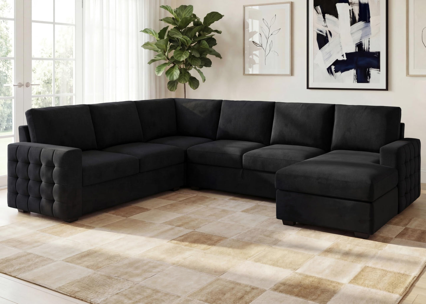 Leathaire 111 Inch Sectional Sleeper Sofa with Pull Out Bed, U Shaped 6 Seat Modular Sectional Couch with Storage for Living Room, Velvet Black