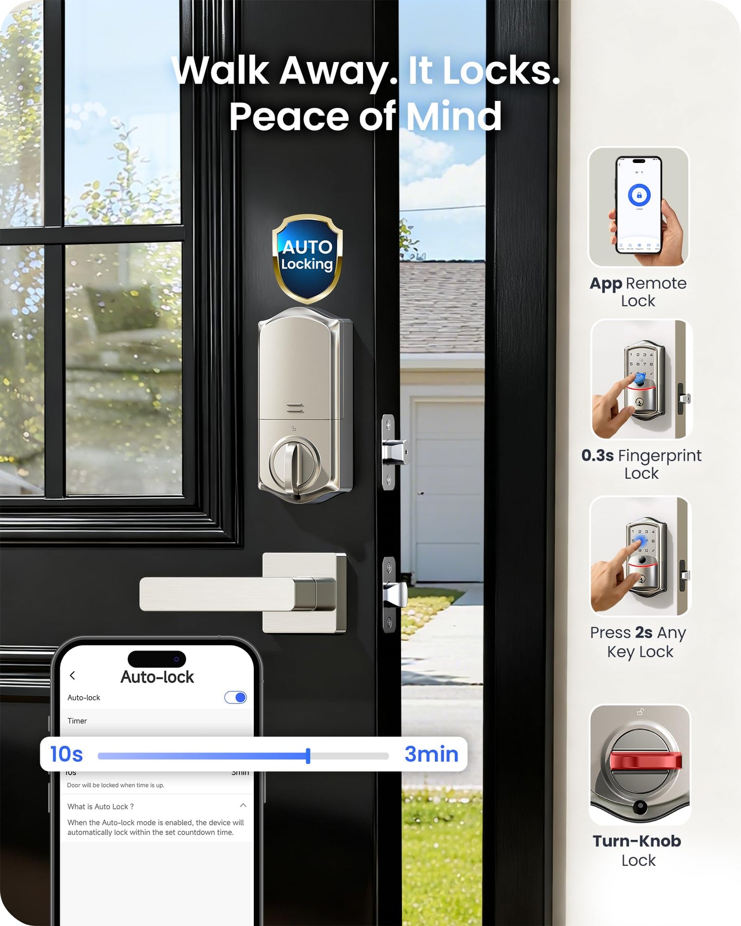 Veise VE027-H Built-in Wi-Fi Fingerprint Smart Deadbolt Lock with Handleset, App Remote & Voice Control, Keyless Entry Front Door Lock Set, Touchscreen Keypad, Auto-Lock, Easy Setup, Satin Nickel