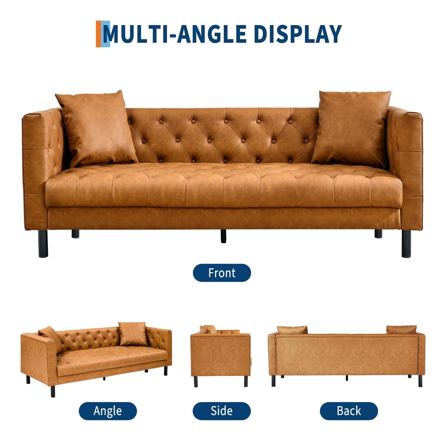 GarveeHome 81" Leather Couch for Living Room, Chesterfield Sofa with Deep Seat, Handmade Button Tufted 3 Seater Sofa, Modern Leather Sofa for Apartment, or Office, Cognac Tan