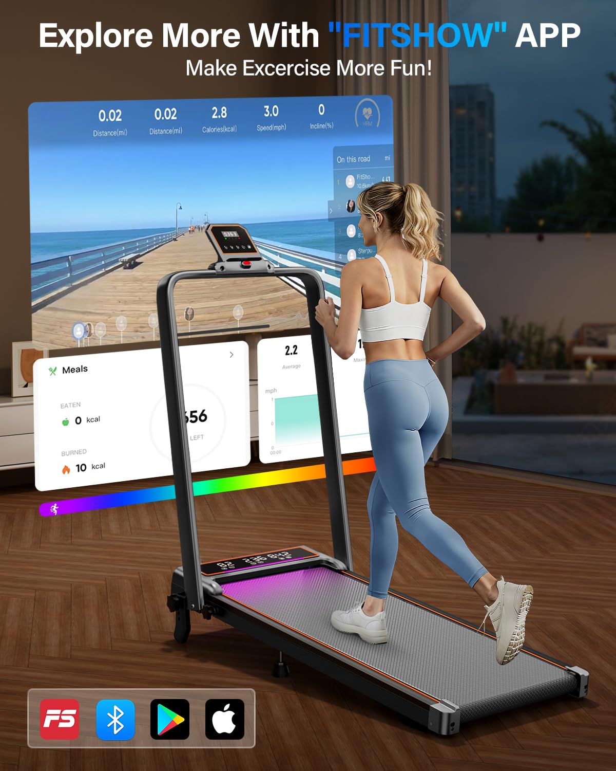 Walking Pad Treadmill with 15% Incline/Handle Bar/2 Screen Display, 3.5HP Foldable Walking Pad Treadmill, Portable Treadmills for Home with 4 Adjustable Incline, 350+lb Capacity, Smart App, RGB Light