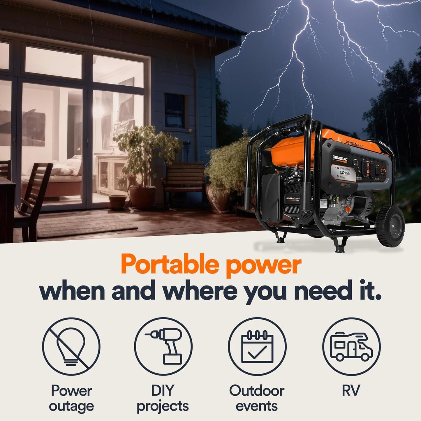 Generac 8,125 Starting Watt Portable Gas Generator with Extension Cord, PowerRush Technology, COsense Carbon Monoxide Detection, 10.5 Hour Runtime, Home Backup Emergency Power, 49-State Compliant