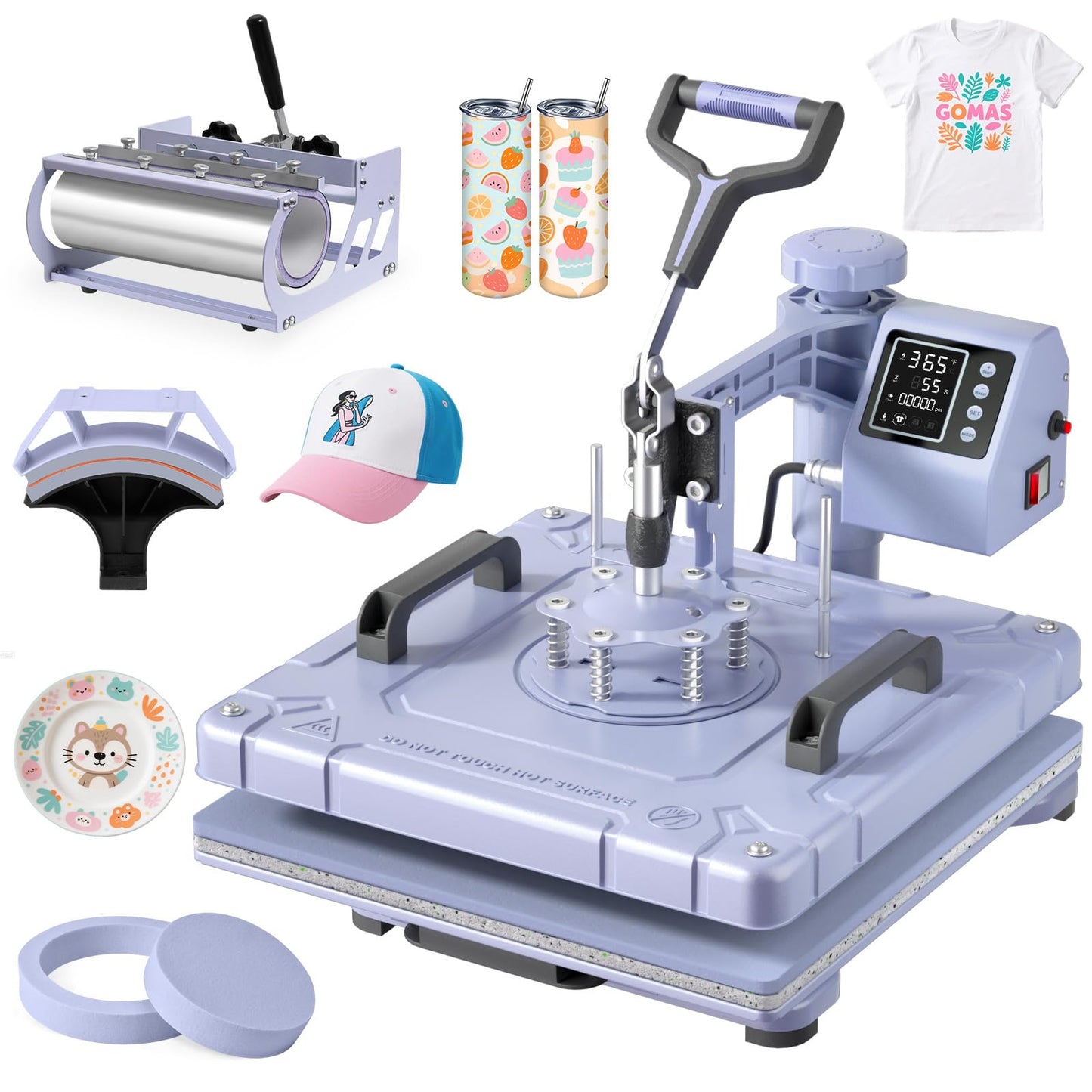 Slendor Heat Press 15x15 Inch 5 in 1 Heat Press Machine with 30OZ Tumbler 360-Degree Swing Away Digital Multifunction Heat Transfer Sublimation Combo for T Shirts Mugs Hat Plate Cap, Lavender