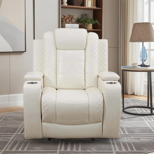 Trygoal Power Recliner Chair, Single Leather Recliners with Home Theater Seating, Oversized Electric Recliner Sofa Breathable Living Room Chairs for Adults Reading Gaming, White
