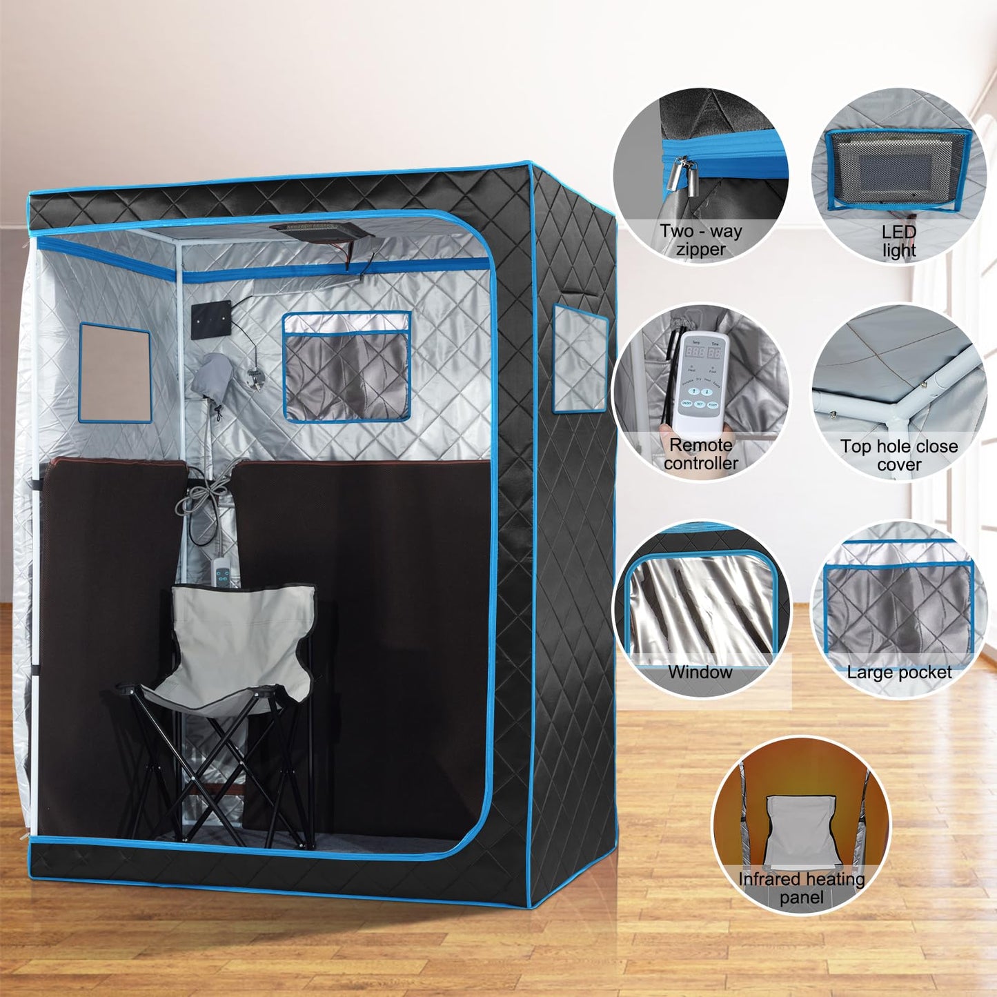 amocane 2 Person Portable Infrared Sauna, Oversize Personal Dry Saunas Tent for Home with Remote Control, Full Size Indoor Sauna Spa for Relaxation & Detox, Foldable Large Chairs for Gym & Apartment