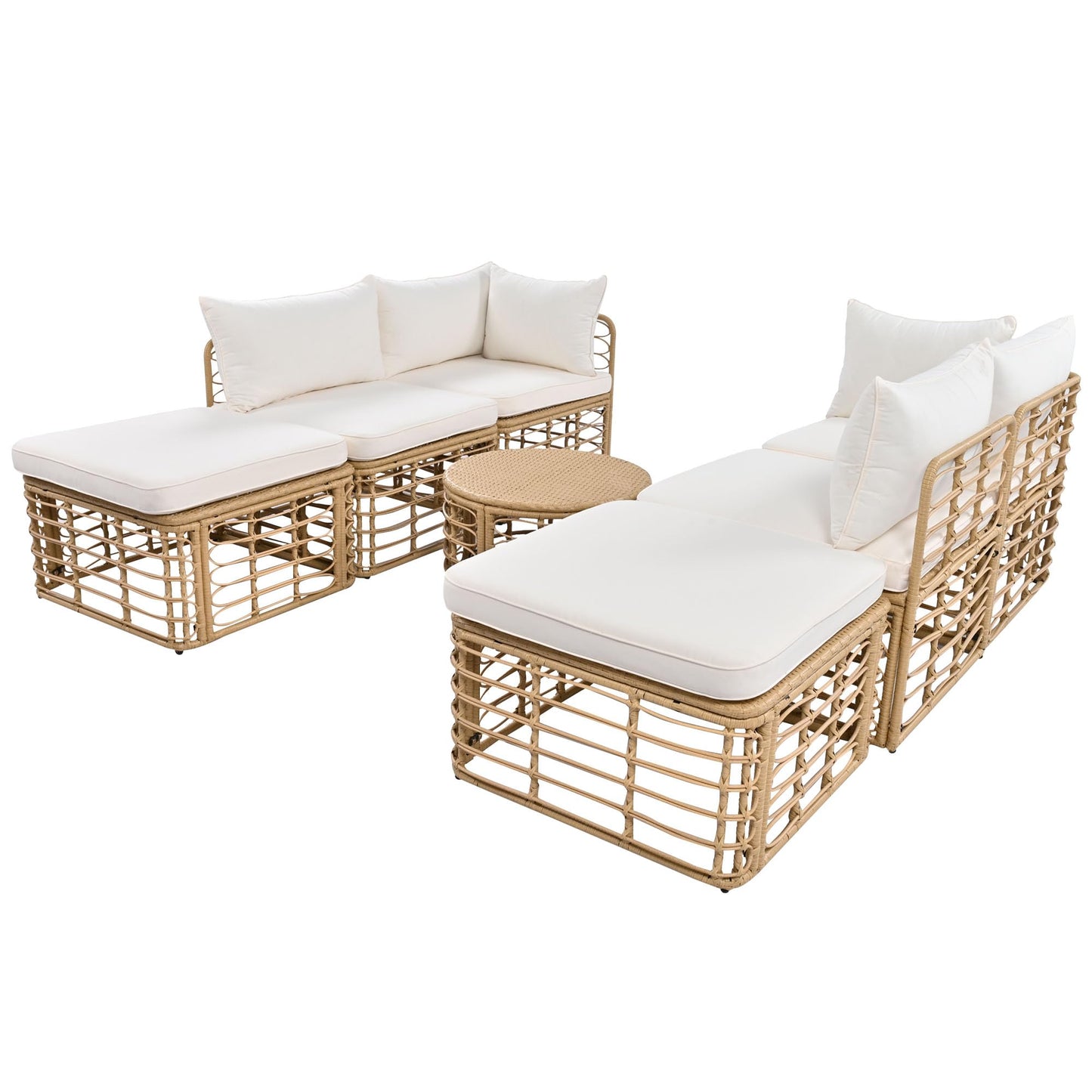 7 Pieces Outdoor Patio Rattan Sectional Sofa Set, Beige All-Weather Wicker Conversation Furniture with Thick Cushions, Modular Garden Seating, Freely Combined Lounge Set with Round Coffee Table