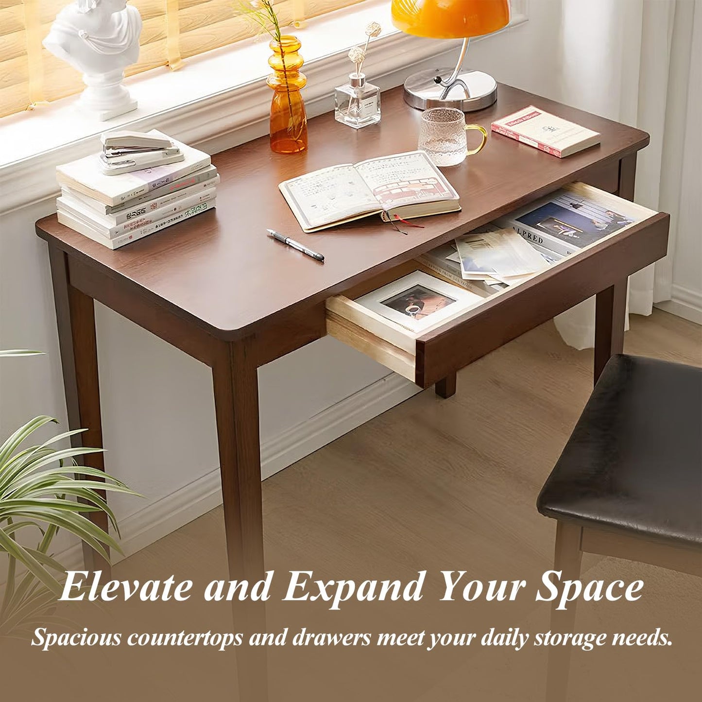 Cttasty Solid Wood Computer Desk with Drawers, Modern Writing Desk for Home Office, Mid Century Modern Desk, Oak Study Table, 35.4x19.9x29.5 inches (Single Drawer), Walnut