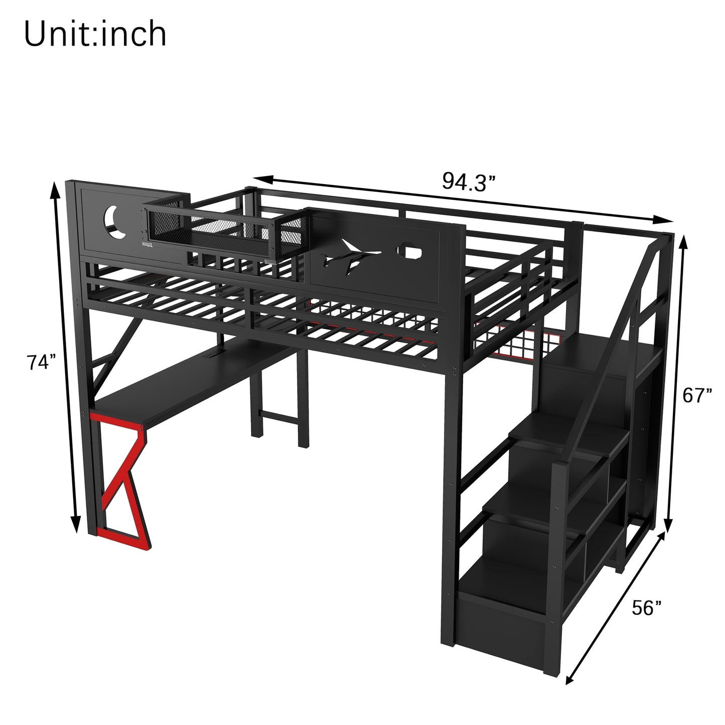KEIKI Full Size Loft Bed with Storage Stairs, Wardrobe, Desk, Metal Loft Bed Frame with LED Lights, Charging Station, Guardrails, Storage Shelves for Kids Teens, No Box Spring Need, Black