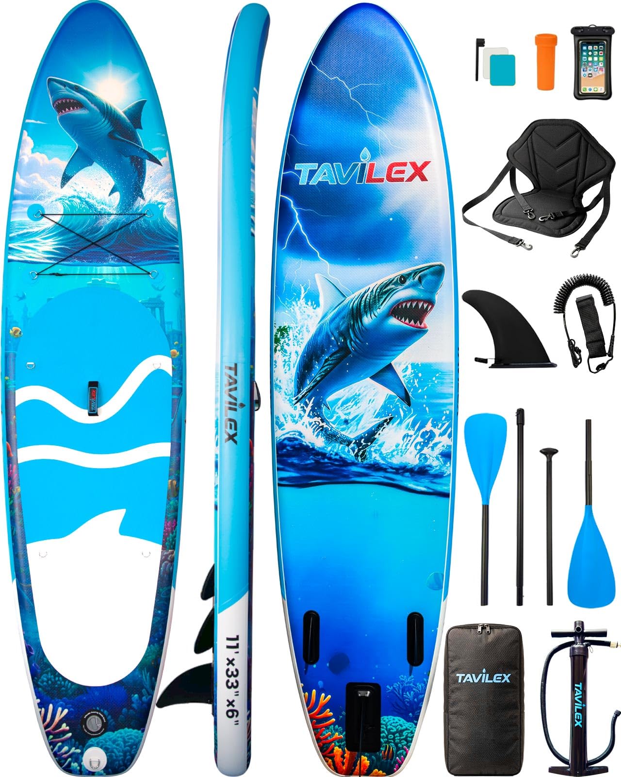 Tavilex Inflatable Stand Up Paddle Board with Seat, 11' x 33" x 6" Ultra-Wide 2-in-1 SUP Board for Adults & Youth, Stable Blow Up Paddleboard Kit with Dual-Blade Paddle (Shark Power)