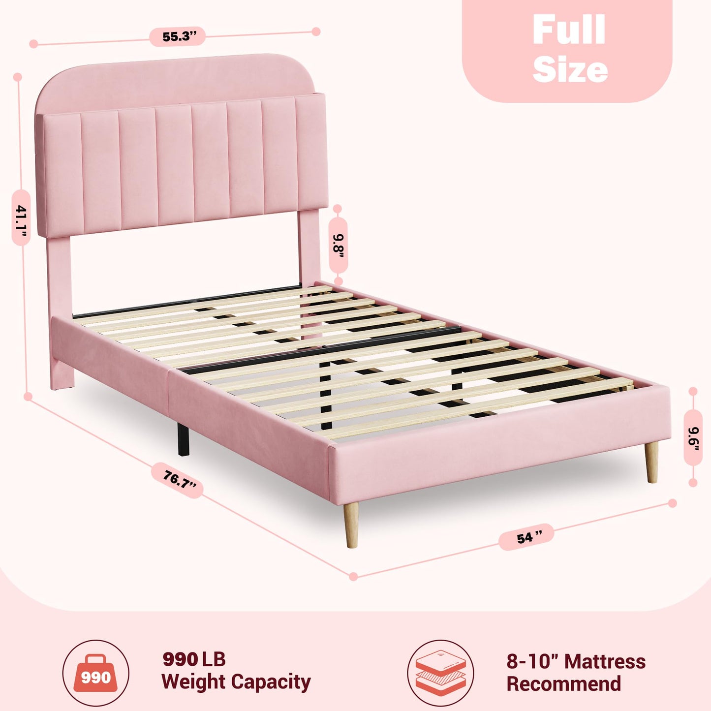 GarveeHome Full Bed Frame with Storage Headboard, Velvet Upholstered Platform Bedframe for Kids, Girl Bed, Strong Wooden Slats, Noise-Free, Easy Assembly, No Box Spring Needed, Light Pink