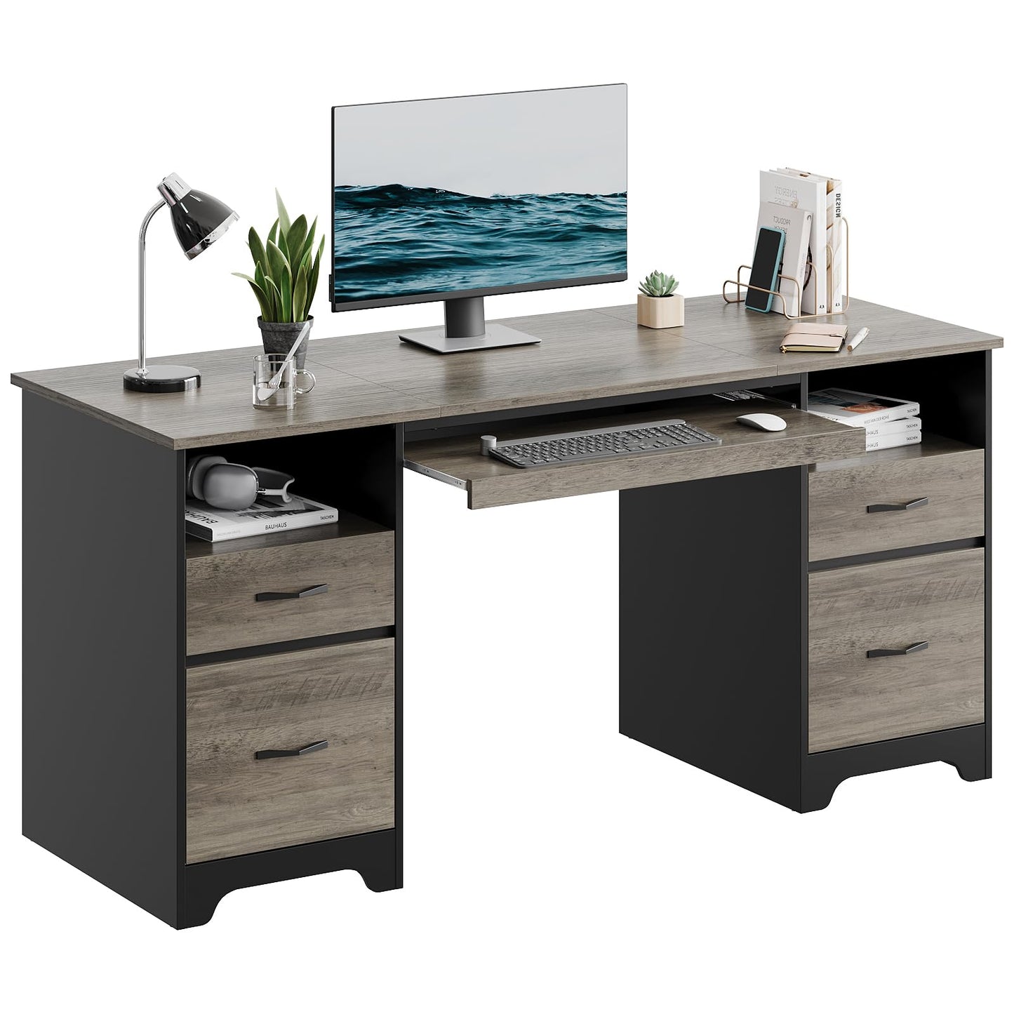 Bestier 59 Inch Office Desk with 4 Drawers, Computer Desk with Storage, Executive Desk with File Drawer, Keyboard Tray & 2 Pedestals on Both Sides for Home Office, Studio, Grey&Black