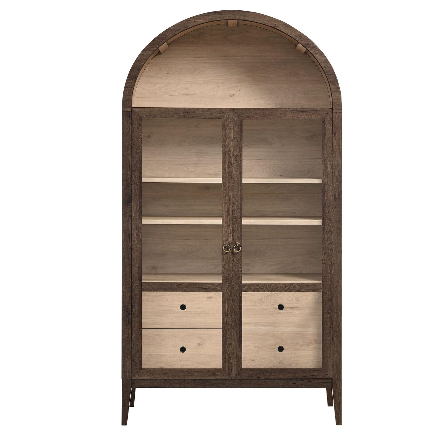 Modway Nolan Tall Arched Storage Display Cabinet in Walnut Light Oak - 74 Inch Arch Bookshelf with Glass Doors, Shelves and Drawers - Modern Accent Cabinet for Living Room, Dining Room
