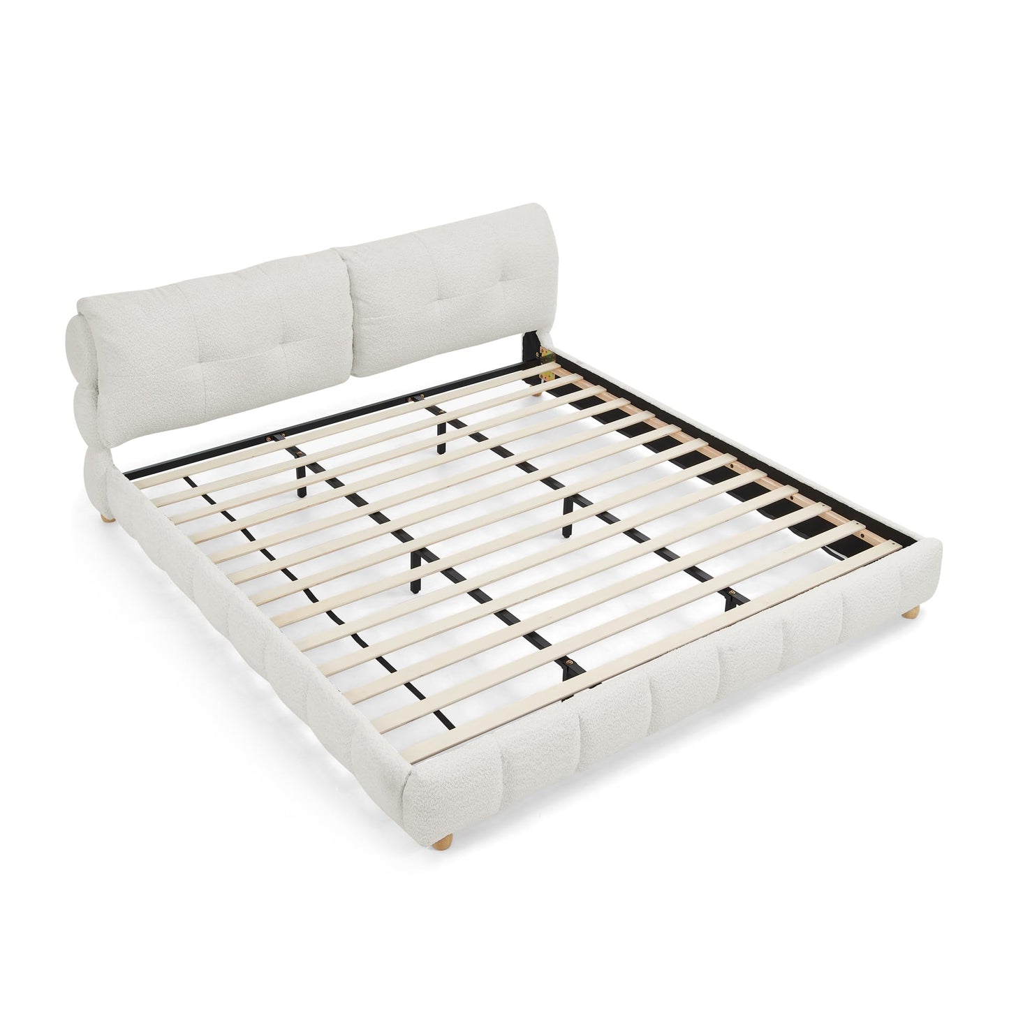 KEIKI King Size Boucle Platform Bed Frame with Tufted Cloud Headboard, Modern Style Upholstered Bed with Slats and Solid Wooden Legs, Easy Assembly, No Box Spring Required, for Bedroom, Beige