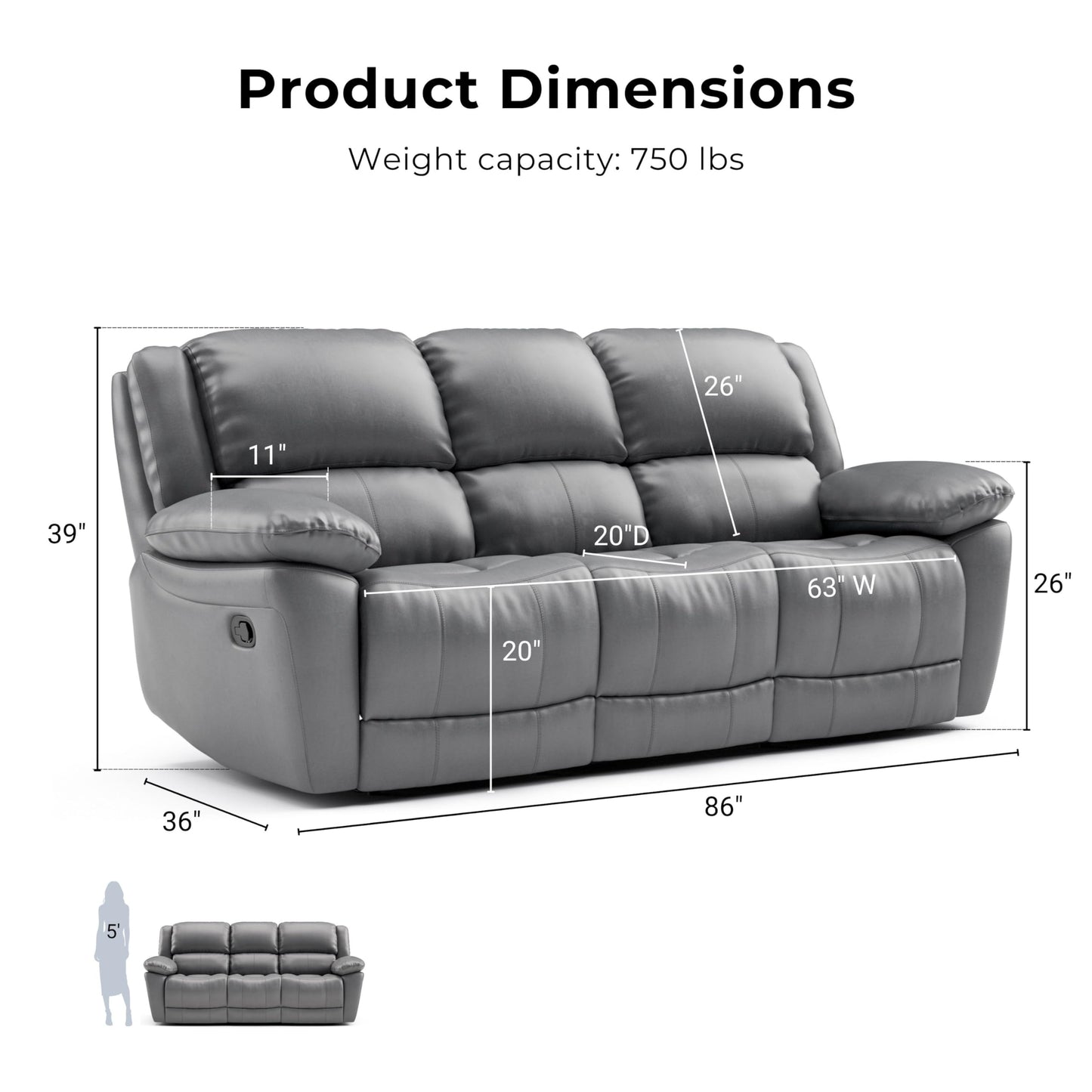 Furniture of America Sorin Modern Leather Recliner Sofa with Pillow Armrests and High Density Foam, Reclining Sectional Couch for Living Room, Office, Home Theater, FSC Certified, Dark Gray