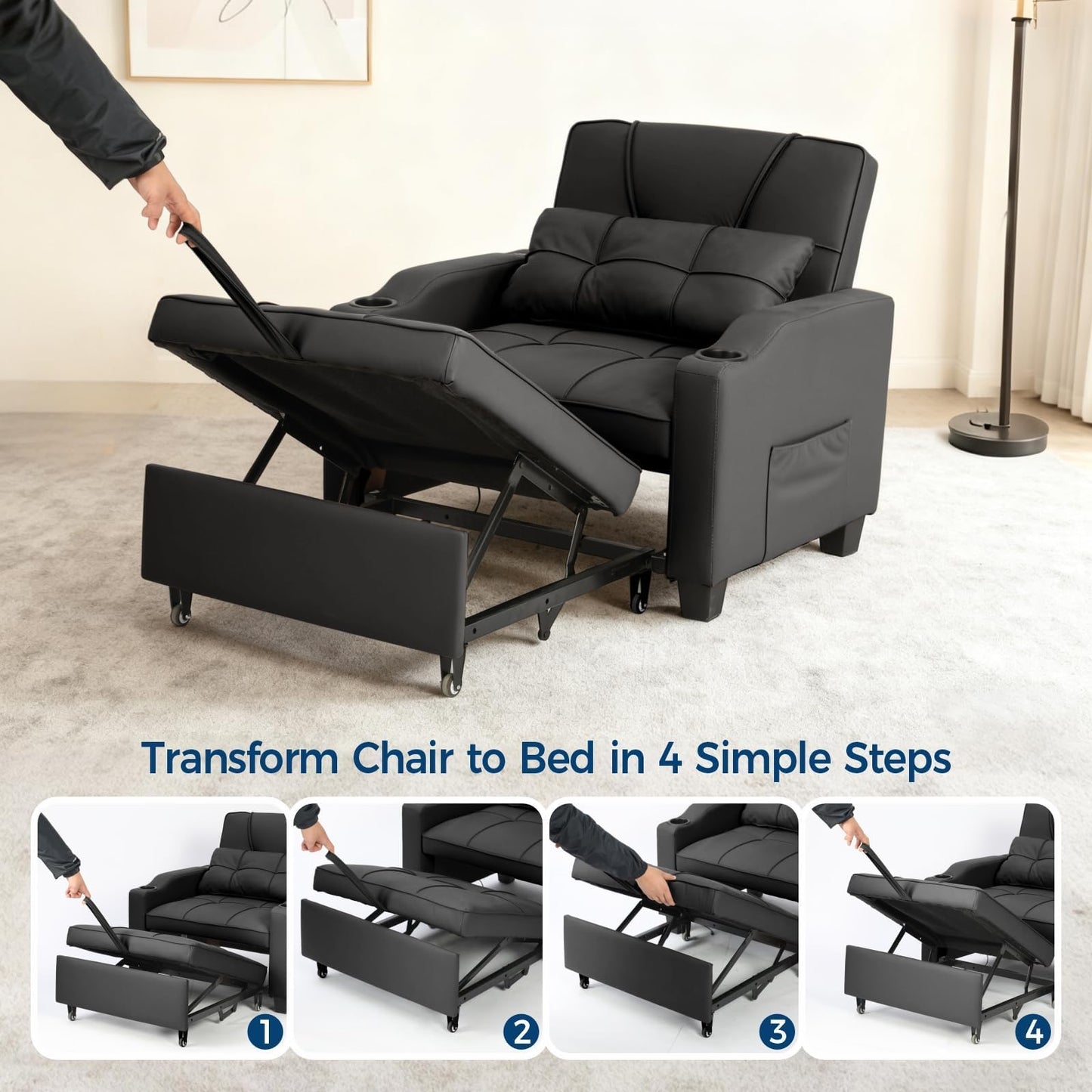 4 in 1 Convertible Sleeper Chair Bed with Vibration Massage Lumbar Pillow, Single Sofa Recliner Featuring USB/Type-C Port, Cup Holders & Side Pocket, Space-Saving Pull Out Bed for Small Spaces, Black