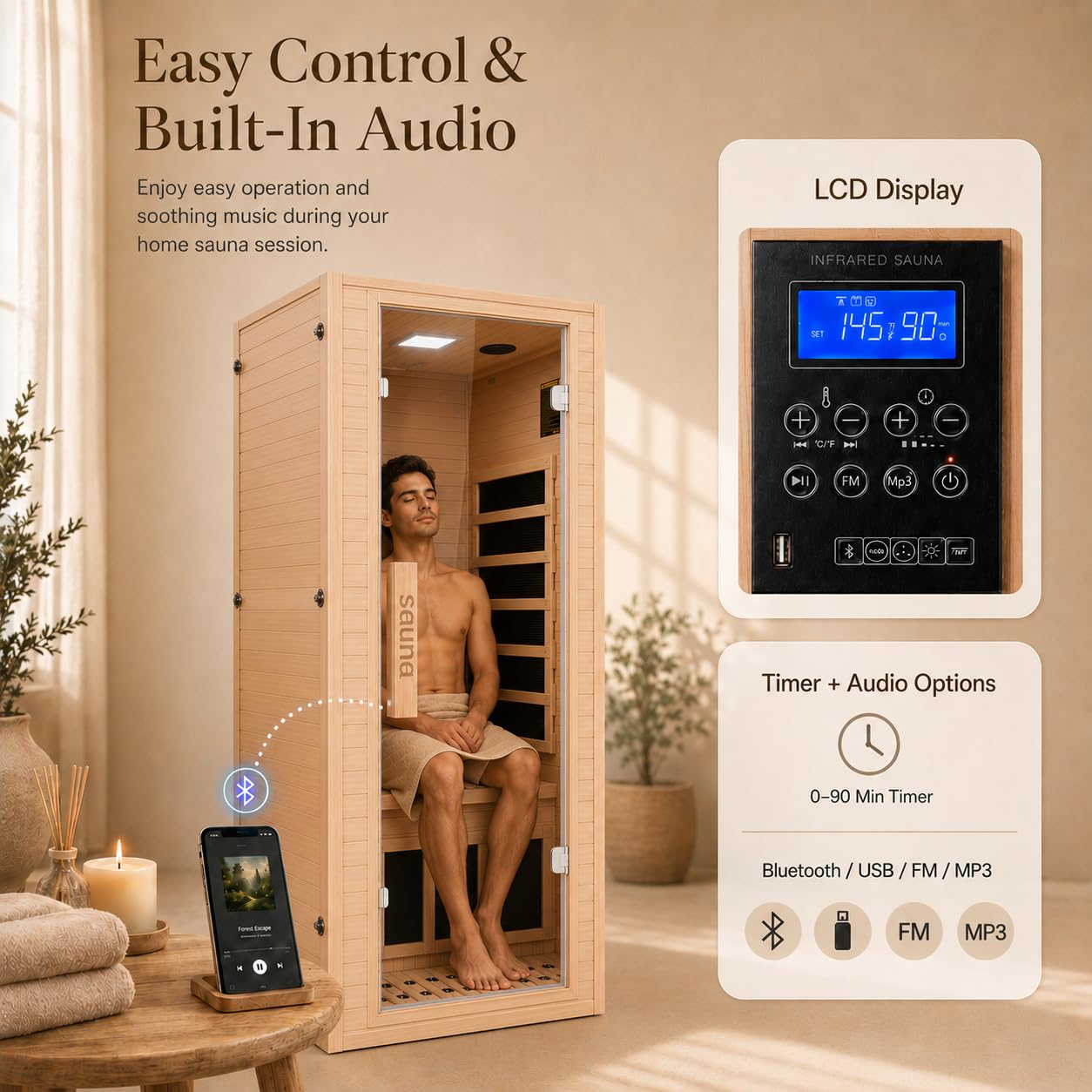 1 Person Far Infrared Sauna for Home, Canadian Hemlock Wood Indoor Sauna Room, 110V 1200W 5 Heating Panels, 149°F Max, 7-Color Light, Bluetooth Audio, Personal Relaxation Cabin, 32 x 34 x 67 in