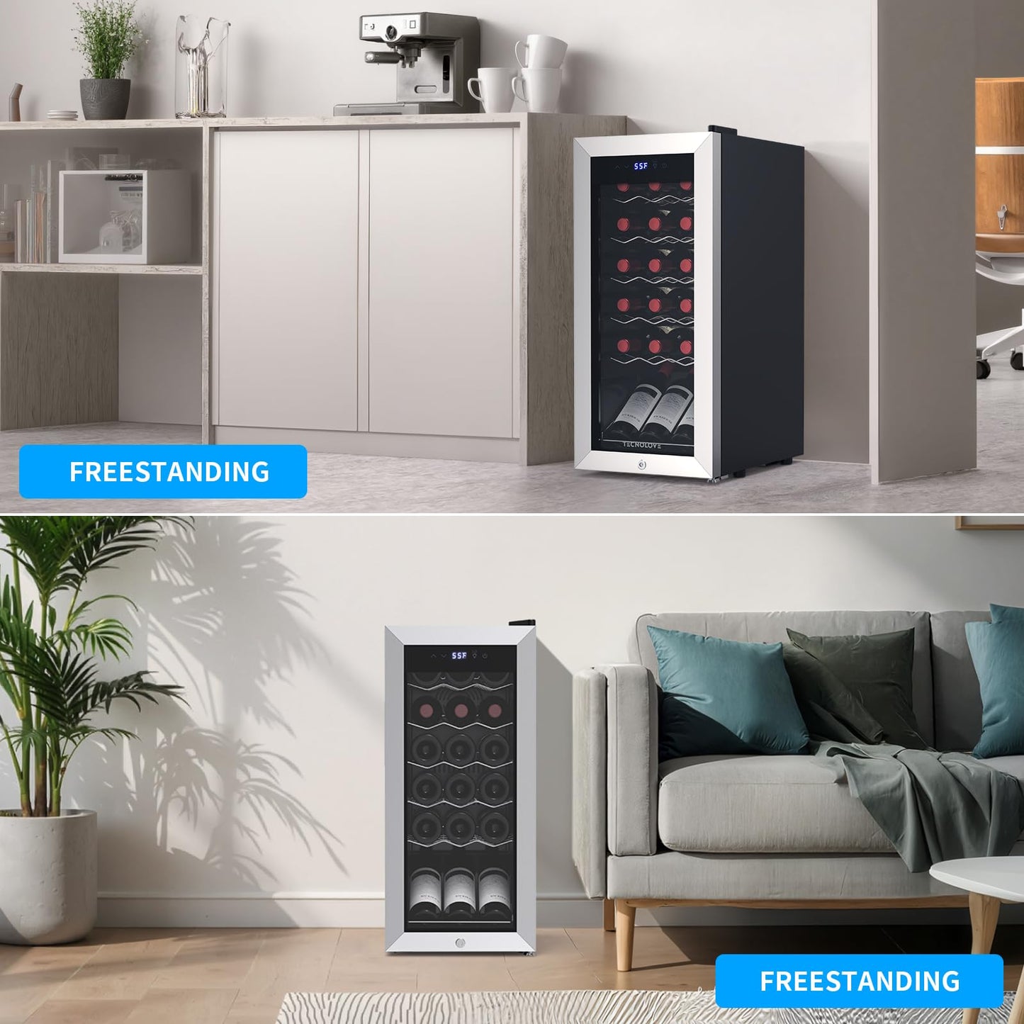 Tecnolove 18 Bottle Wine Cooler, 38-65°F Digital Temperature Control, 1.7 Cu.Ft Compact Wine Fridge, Freestanding Stainless Steel Glass Door with LED Light, Quiet Compressor for Red White Wine