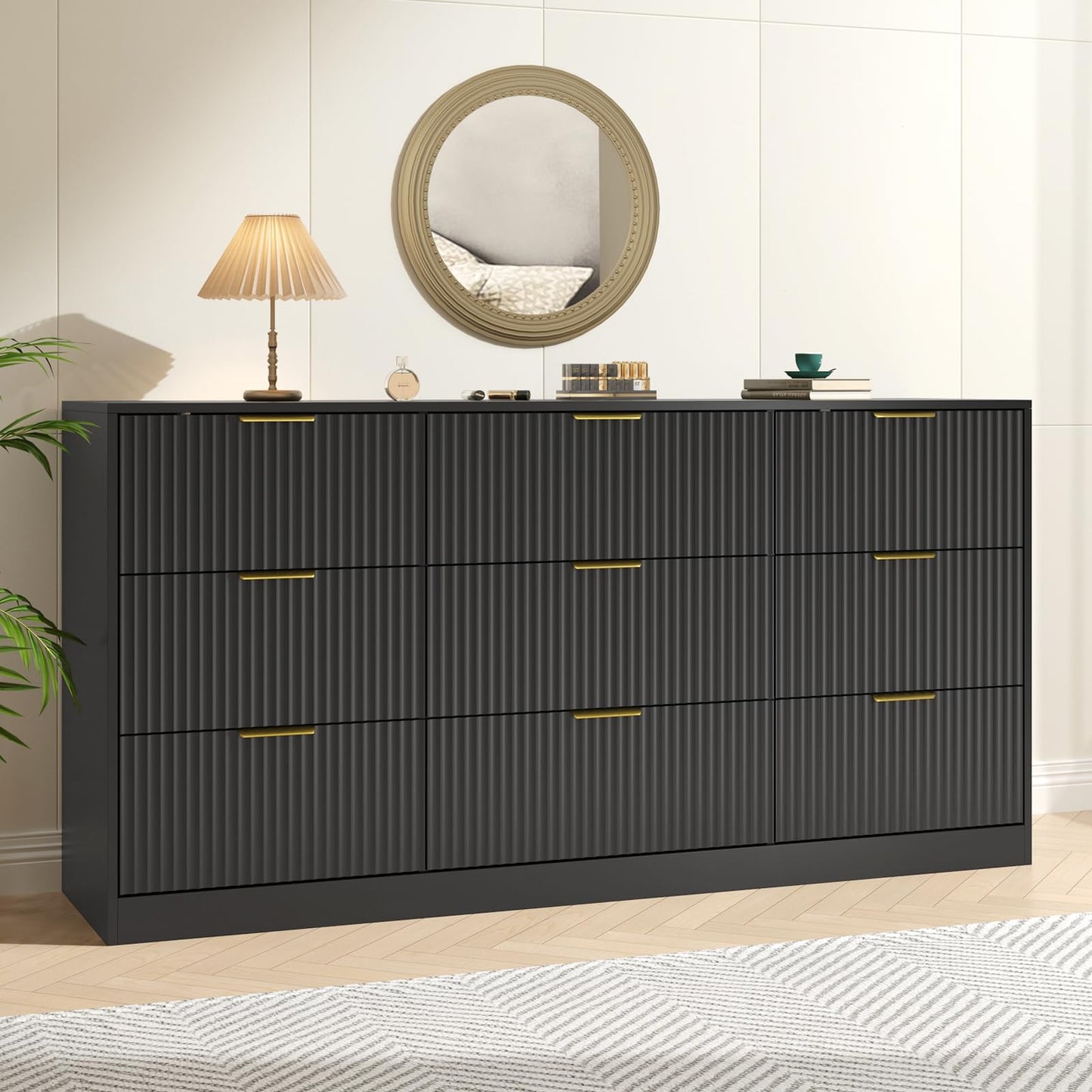 NOVAMAISON Dresser for Bedroom with 9 Drawer, 63” Long Black Dresser Modern Chest of Drawers with Metal Handle, Wood TV Stand Storage Organizer for Bedroom, Living Room, Black