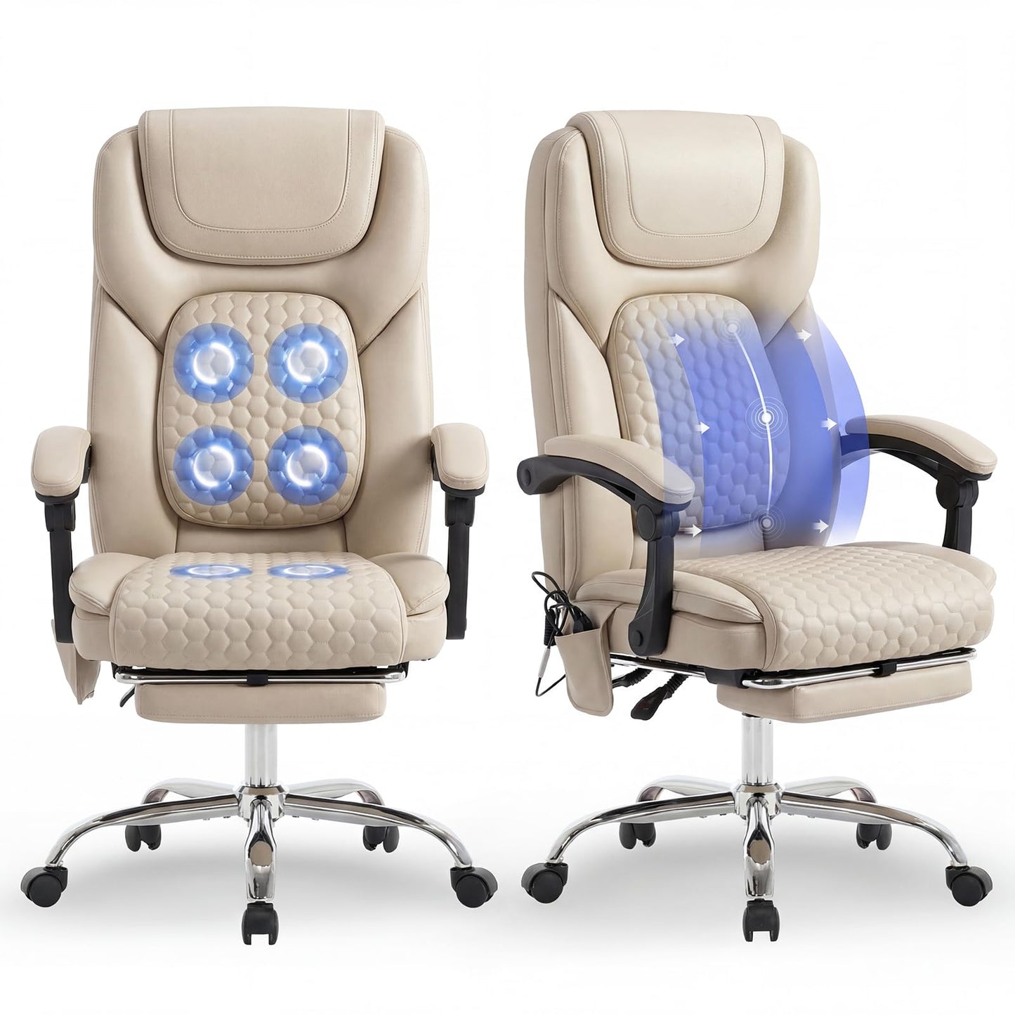 MALOL Massage Office Chair Set of 2 with Heat and Footrest - 3-Level 65°C Targeted Heating, 20-Min Assembly Leather Desk Chair, Big and Tall Executive Computer Chair with Side Pocket, 300 lbs, Beige