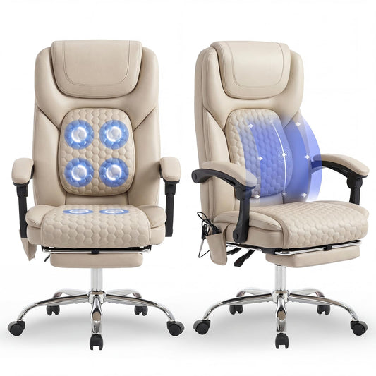 MALOL Massage Office Chair Set of 2 with Heat and Footrest - 3-Level 65°C Targeted Heating, 20-Min Assembly Leather Desk Chair, Big and Tall Executive Computer Chair with Side Pocket, 300 lbs, Beige