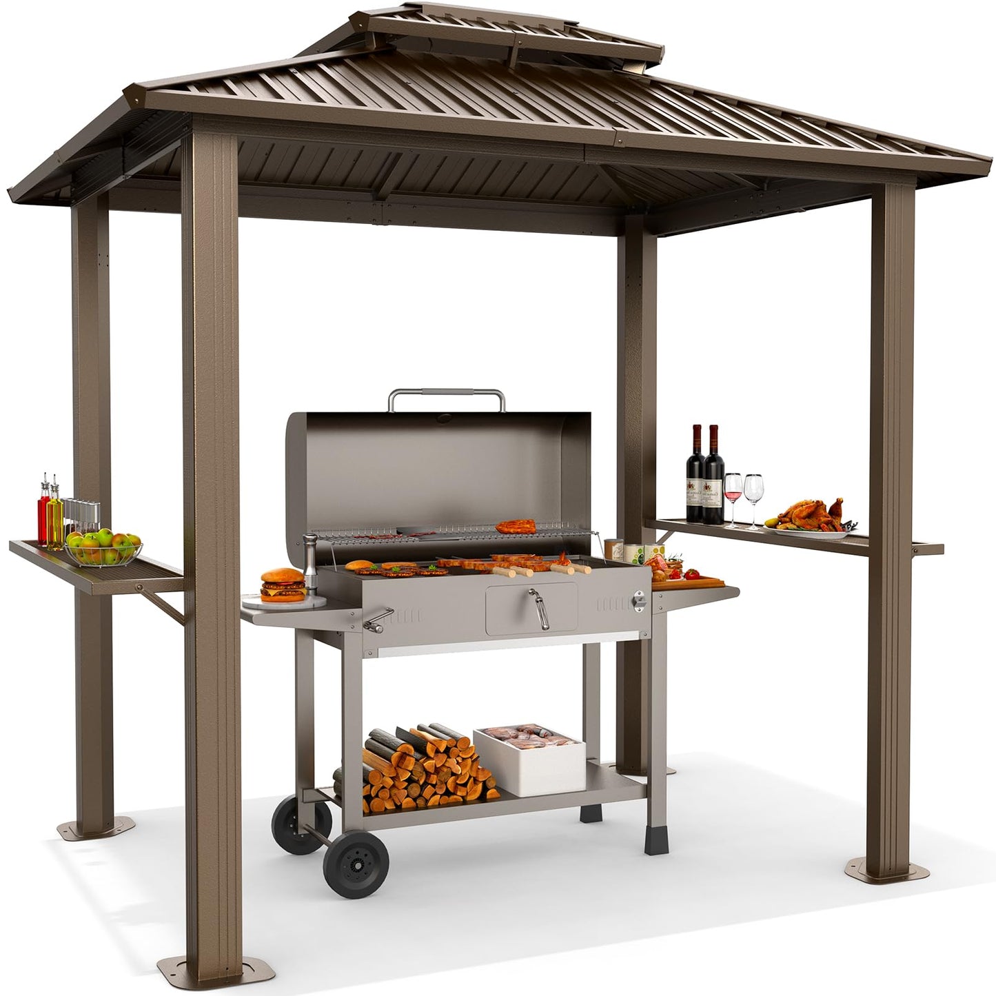 Hoteel 6x8 Hardtop Grill Gazebo, Outdoor Patio BBQ Gazebo with Galvanized Steel Double Roof, Hardtop Barbecue Canopy with 2 Side Shelves for Deck Lawn Backyard Garden,Brown