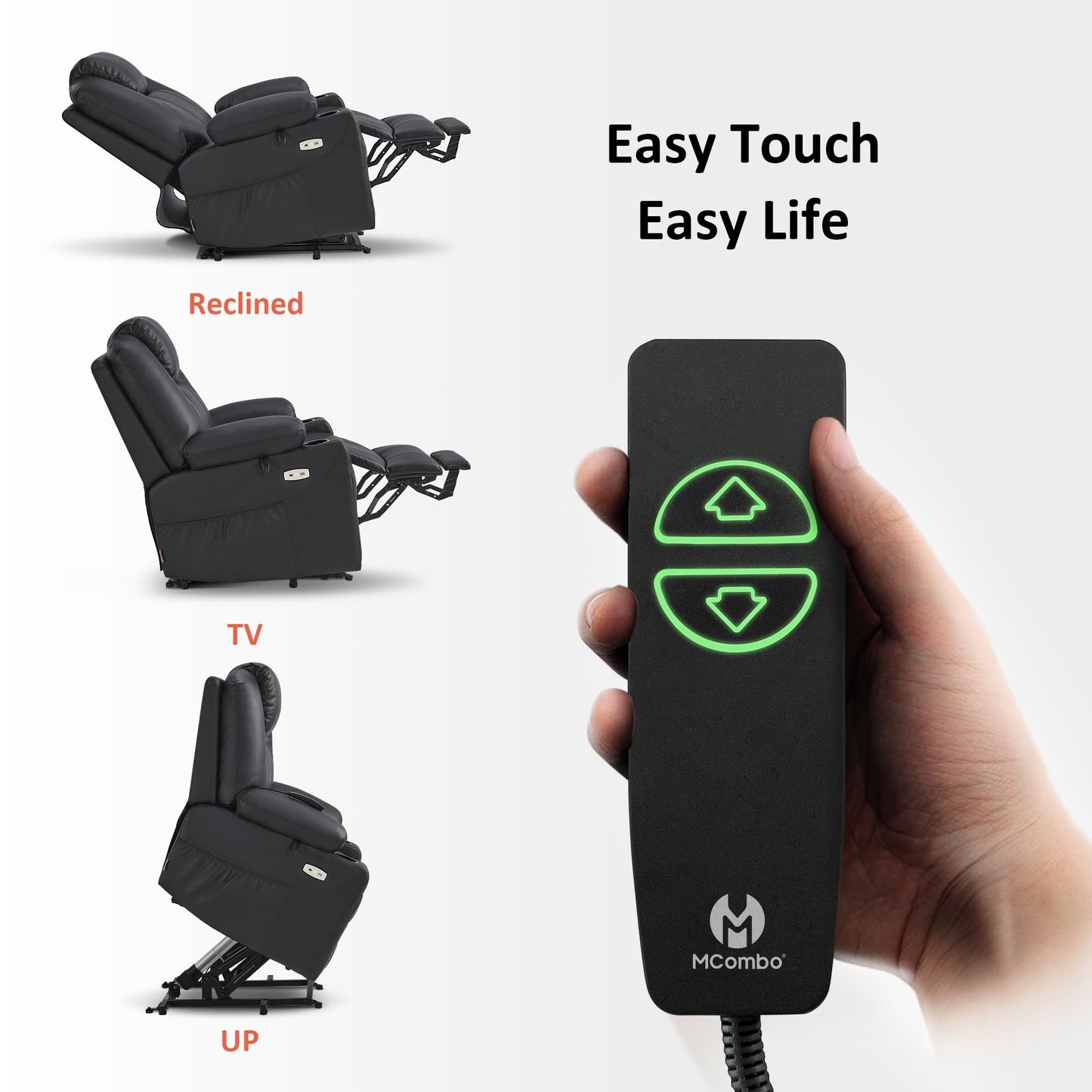 MCombo Power Lift Recliner Chair for Elderly, Lift Chair with Heat and Massage, FSC Certified, USB Ports, Cup Holders, Faux Leather 7040 (Black, Medium)