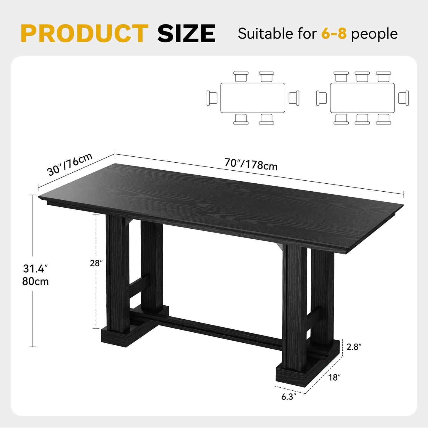 DWVO 70 Inch Computer Desk, Large Executive Office Table Workstation, Modern Farmhouse Style Laptop Wooden Sturdy Legs Writing Desk Business Furniture for Home, Black