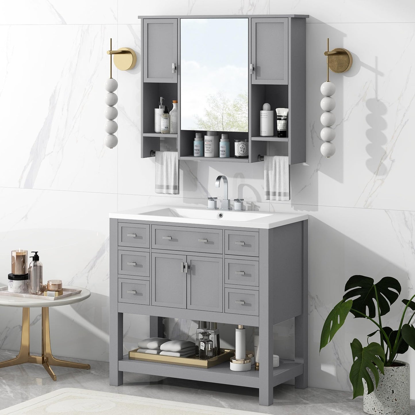 Virubi Bathroom Medicine Cabinet, Wall Mounted Bathroom Storage Cabinet with Mirror, Open Shelf, Side Cabinet and Towel Bar, Over The Toilet Mirrored Cabinet, 35" W x 28.7" H