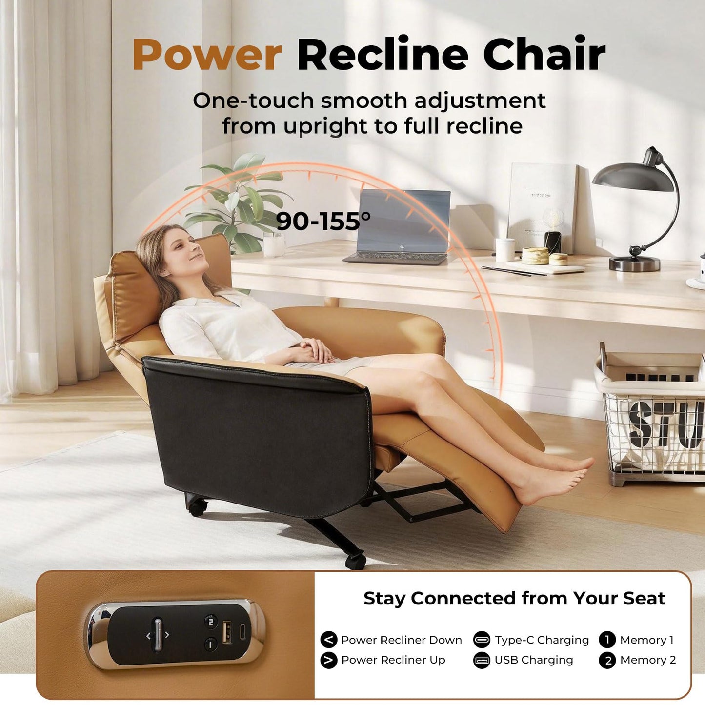 Liftsync Ergonomic Executive Recliner, Adjustable Electric Office Chair 90-155° with Footrest, 4-Position Headrest, 300LBS Heavy Duty, 2-in-1 Base Swivel Desk Chair w/USB, Brown & Black PU Leather