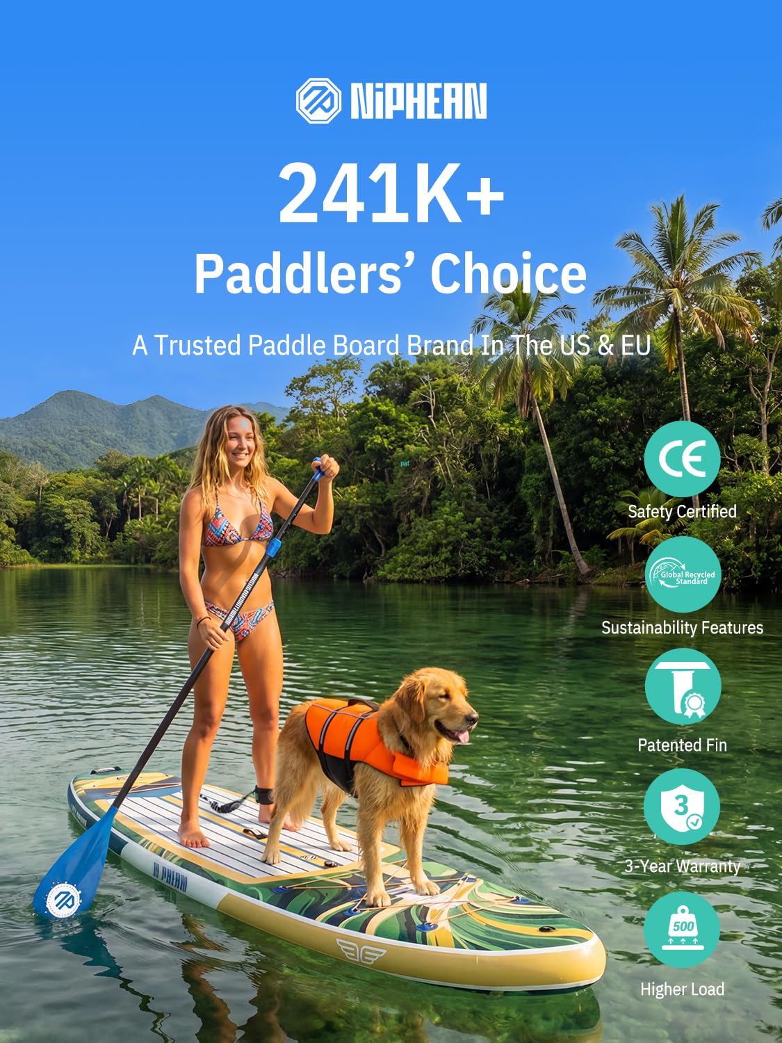 Niphean (Extra Large) Inflatable Paddle Board, SUP for 2+1 People/Family 500lbs Capacity Stand Up Paddle Board with SUP Accessories, StabilTrac Fin Non-Slip Paddleboard for Adults-Glass Green