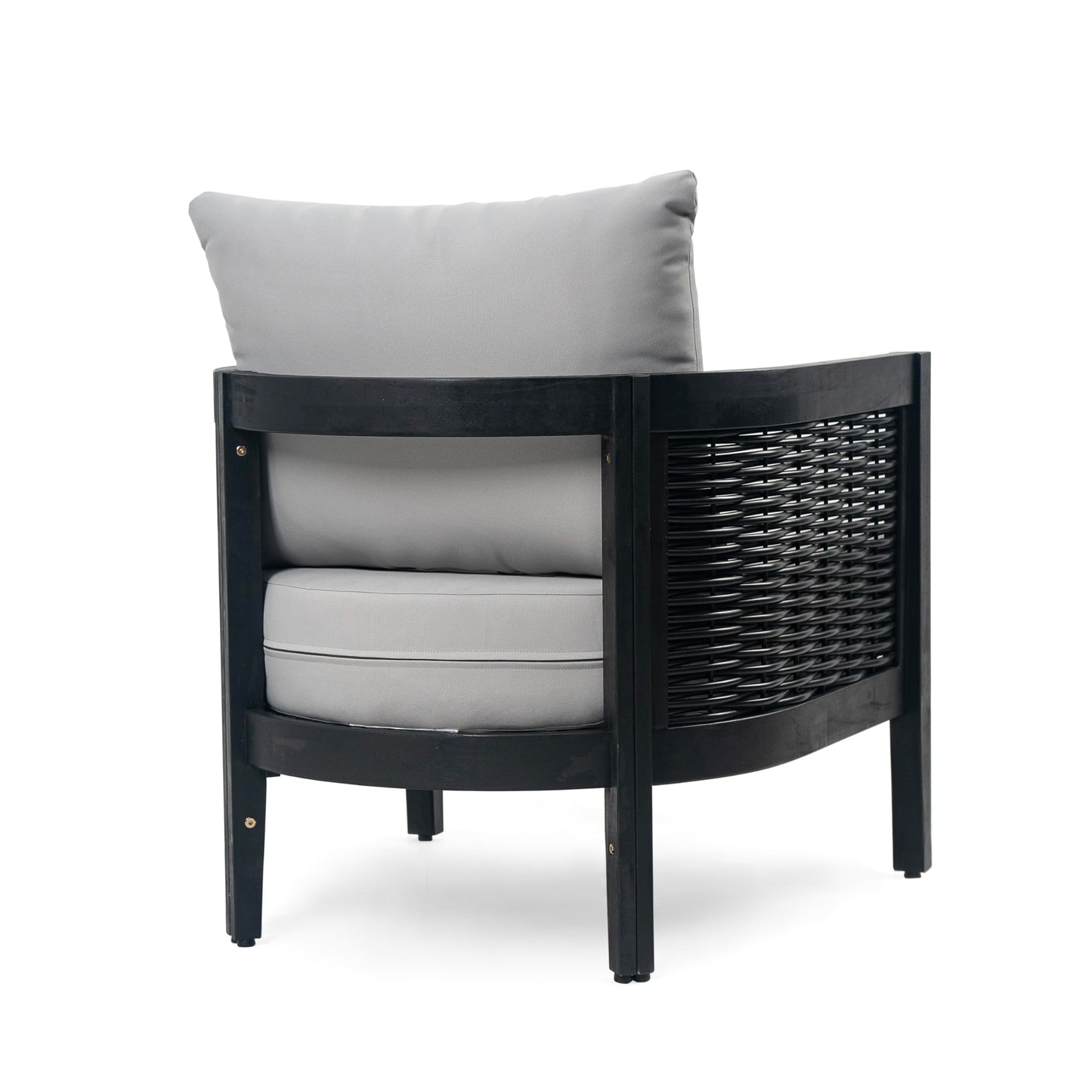Christopher Knight Home Peron Patio 4-Seater Conversation Set, Sofa/Loveseat, 2 Club Chairs, Coffee Table, Cushion+Back Pillows, Acacia Wood+Wicker, Garden, Backyard, Poolside, Black + Light Grey