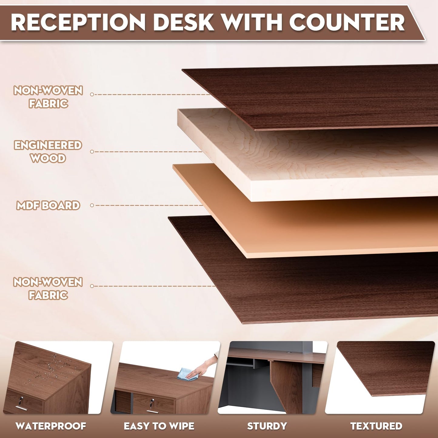 L-Shaped Modern Large Wooden Commercial Reception Desk with Counter & Shelves, Front Reception Desk Counter Table with Drawers for Offices,Home (Brown + Black, Left- 71''L x 42''W x 41''H)