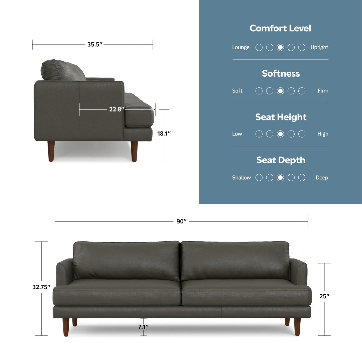 SIMPLIHOME Livingston 90-inch Wide Sofa in Charcoal Grey Woven-Blend Fabric, Handcrafted Mid-Century Modern Oversized 3-Seater Couch Sofa for Living Room or Family Room, Solid Wood Frame