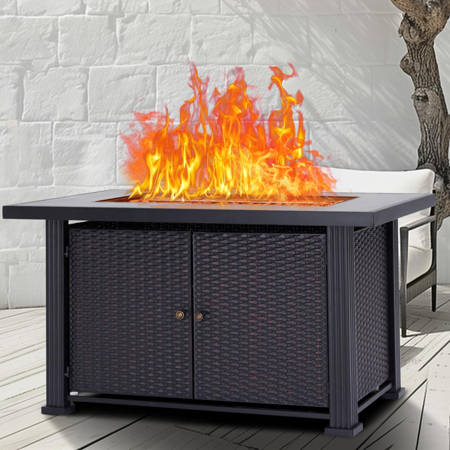 44" Propane Fire Pit Table, 50000BTU Rectangle Fire Table with Cover & Rain Cover, Sturdy Steel and Iron Fence Surface, CSA Safety Certified, Companion for Your Garden