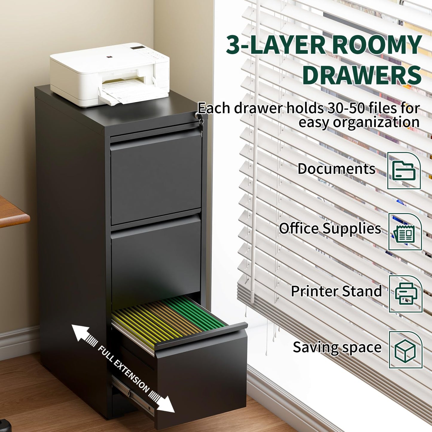 3 Drawer File Cabinet with Lock, Metal Vertical File Cabinets for Home Office, Office Furniture for Organization Hanging Legal/Letter/A4, Office File Cabinet Storage Cabinet, Require Assembly, Black