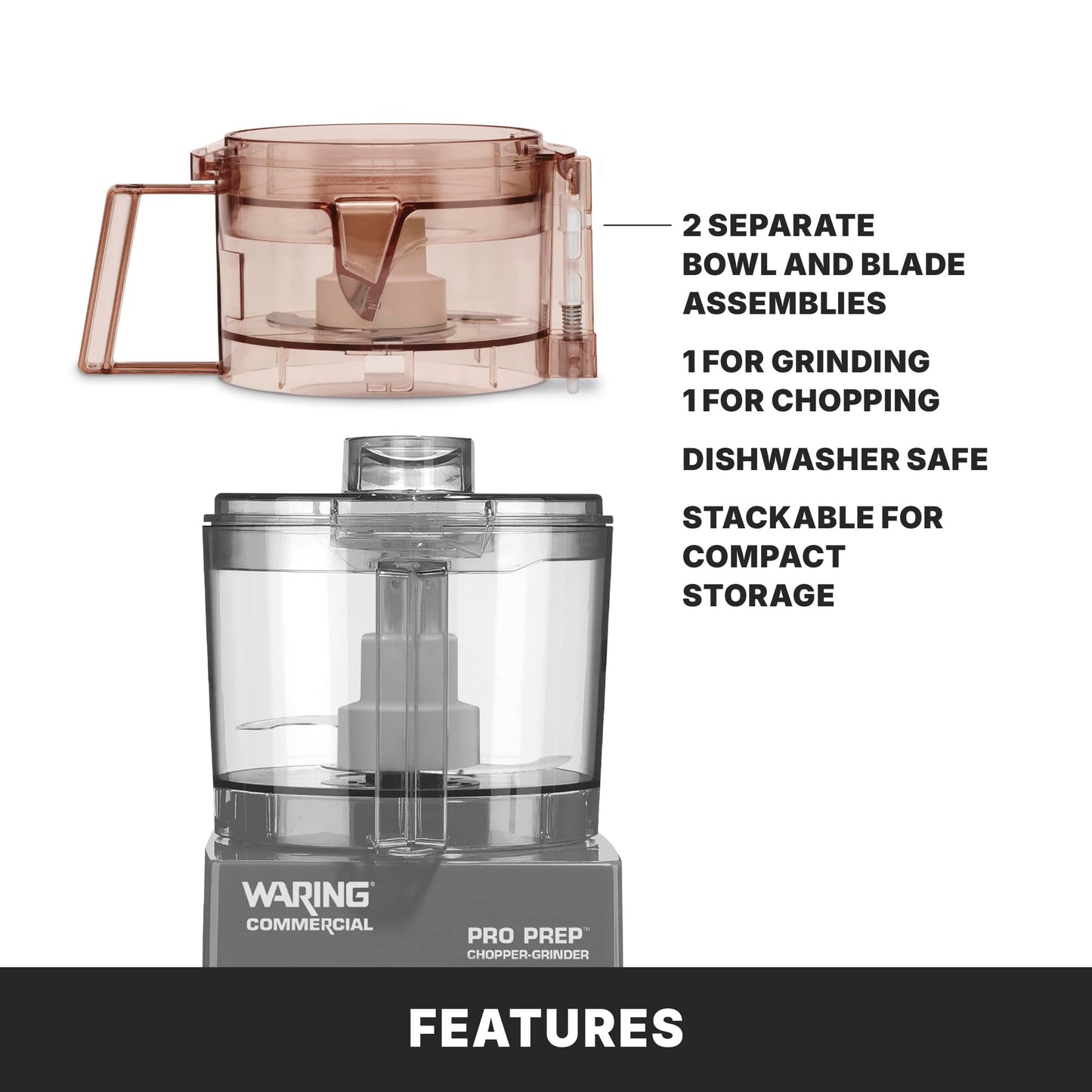 Waring Commercial Pro Prep Chopper Grinder, 3/4 Horsepower High-Speed Motor, 3/4 Quart Capacity, Dual Bowl for Chopping and Grinding, Grind Spices and Hard Foods, Parmesan and Chocolate, WCG75