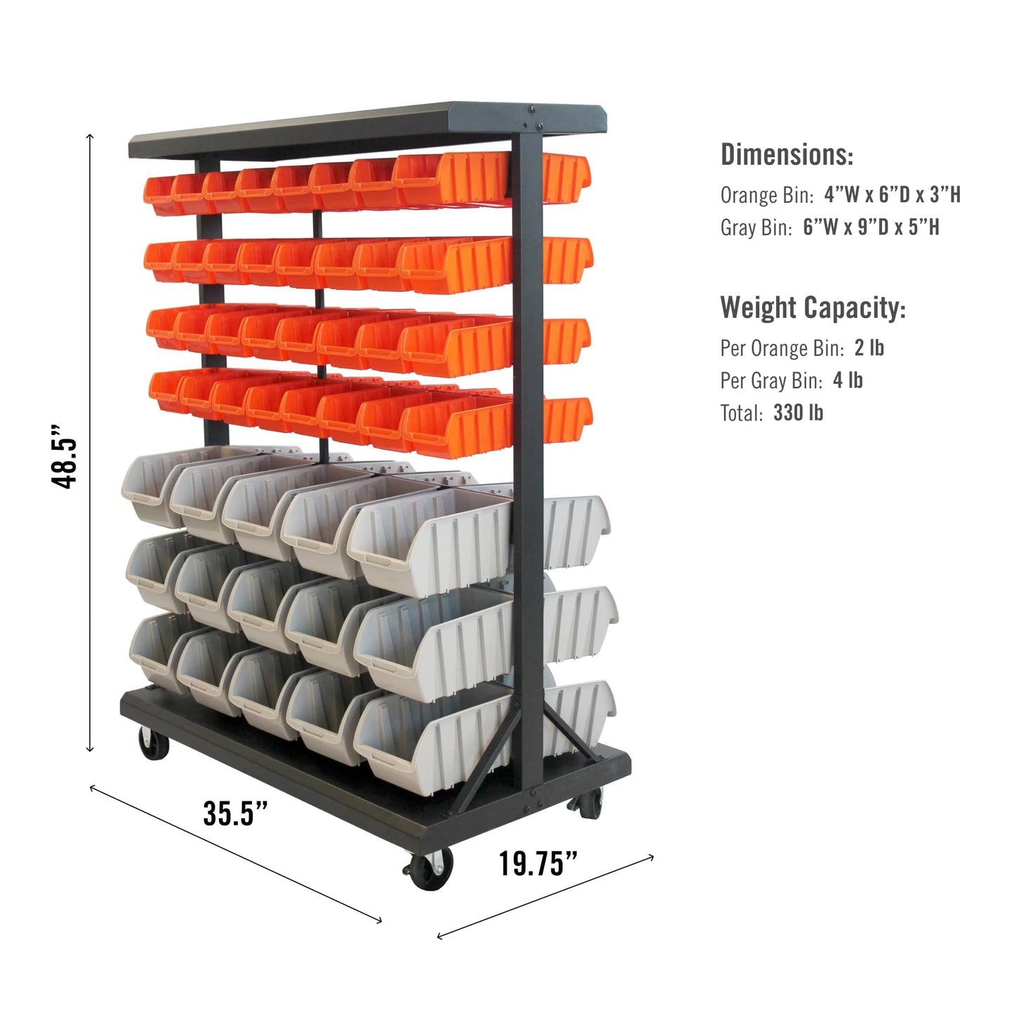 TRINITY Rolling Storage Bin Rack & Parts Organizer, 7-Tier Dual-Sided Bin Cart Shelving for Shop Storage, Nut and Bolt Organizer, Garage, Warehouse, Tools & Hardware, 330Lb Max, With Wheels, Black