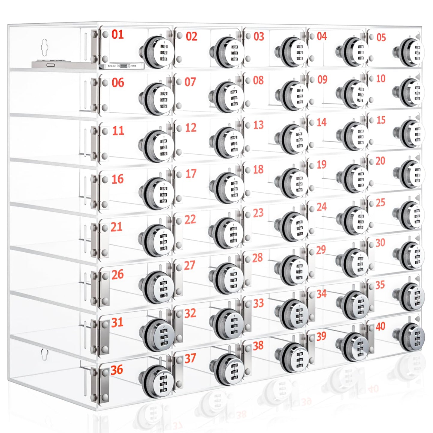 Reallnaive 40 Slots Cell Phone Locker Box with Combination Lock, Clear Acrylic Cell Phone Storage Cabinet Bin, Wall Mounted, for Classroom School Students Office Factory Employees
