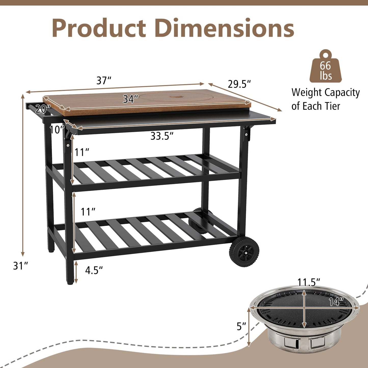 Giantex Outdoor Grill Cart with Korean BBQ Charcoal Grill, Dual Cooking Surfaces, Rolling Food Prep Table with Foldable Side Shelf, Storage Shelves, Wood-Look Top, for Patio, Party & Backyard Cooking