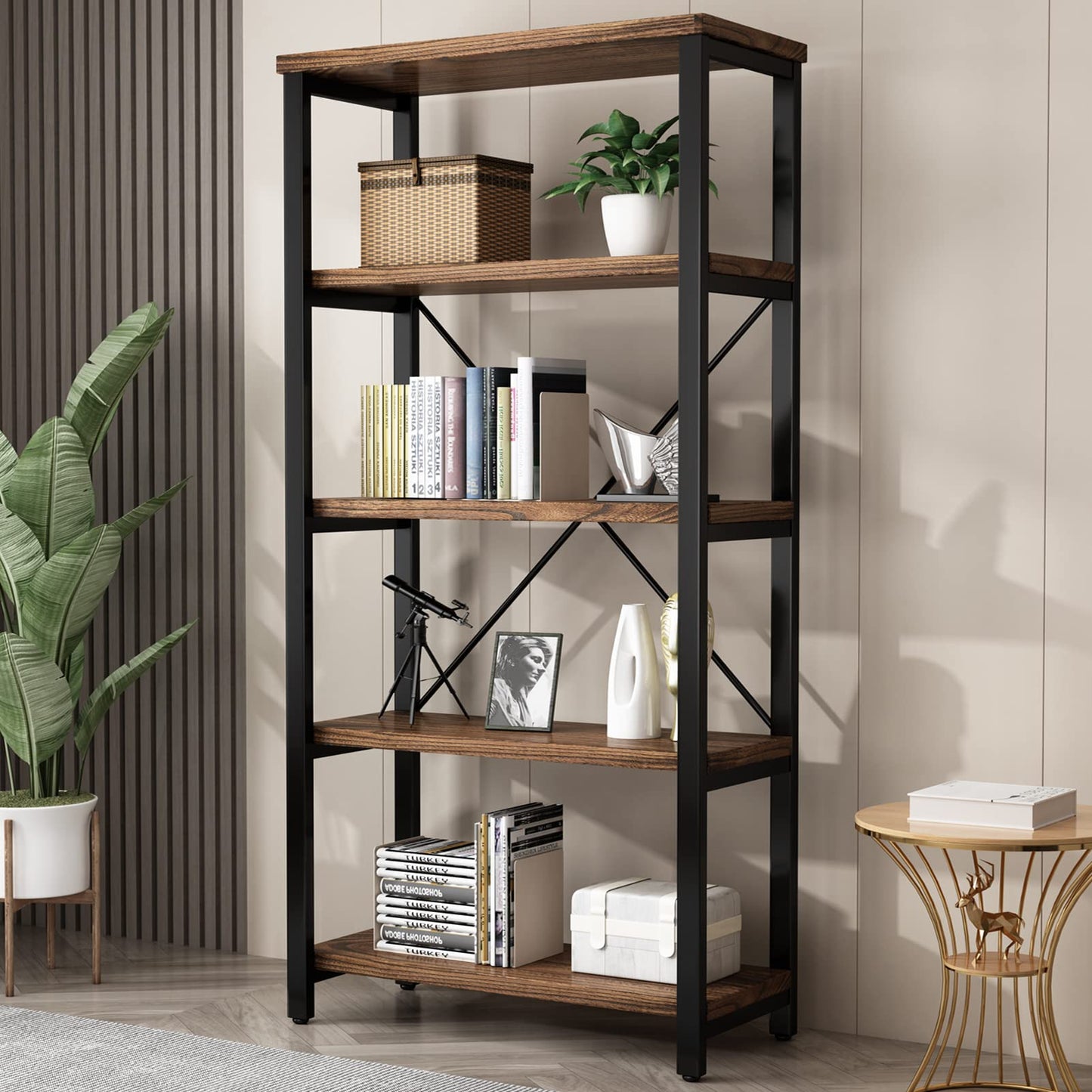 AY-AOYUAN 5 Tier Industrial Solid Wood Bookshelf, Open Etagere Bookcase with Metal Frame, Vintage Industrial Style Bookcase/Metal and Wood Bookshelf Furniture (AY01-5tier)