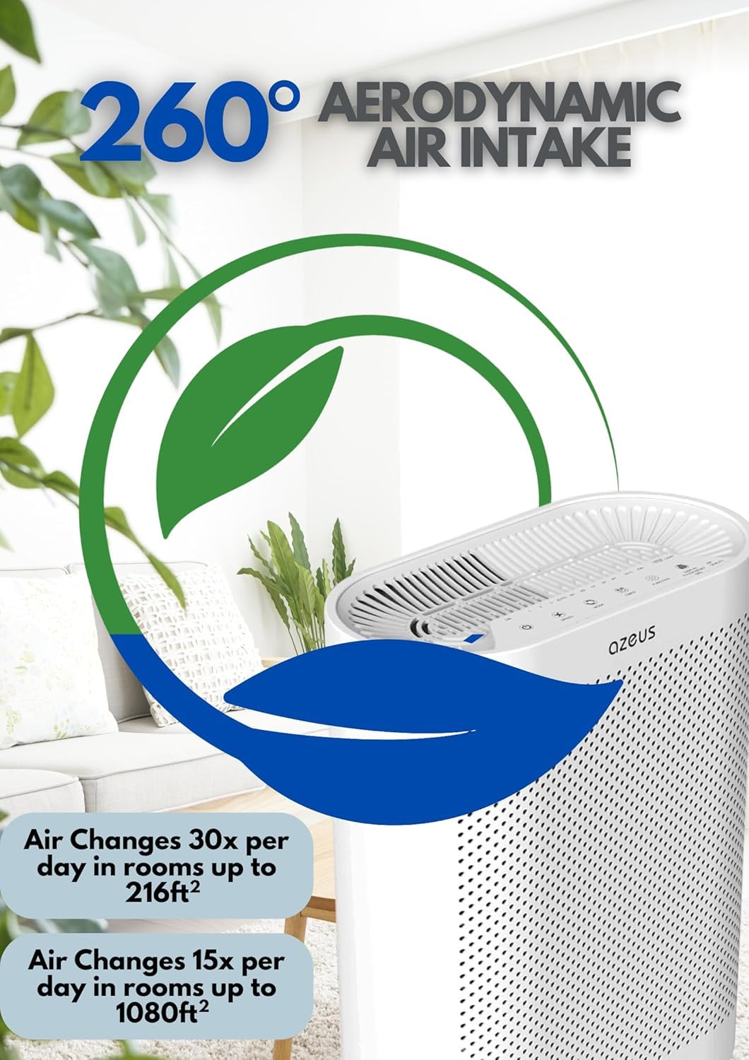 Azeus FS32 True HEPA Air Purifier for Large Rooms, White, High CADR 400m³/h, Smoke Dust Pet Dander Removal, Auto Mode with Air Quality Senso