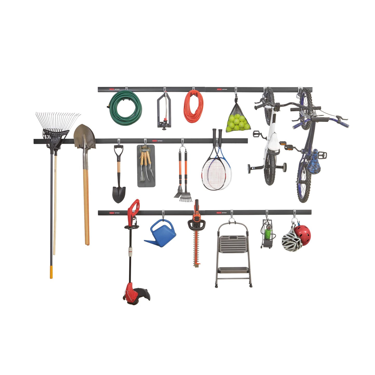 Rubbermaid 24-Piece FastTrack Garage Wall-Mounted Storage Kit, 6 Rails and 18 Hooks, Black, for Home/House/Tool/Sports/Equipment/Utility Purposes