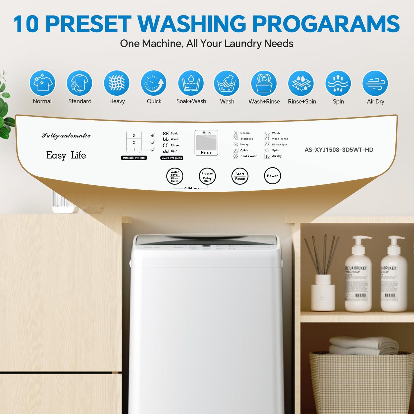 DUMOS 7.7 lbs Compact Washer, 1.06 cu. ft. Full-Automatic Laundry Machine with 10 Wash Programs, Delay Start & Stainless Steel Tub, Portable Washing Machine for Home Dorm Apartment, White