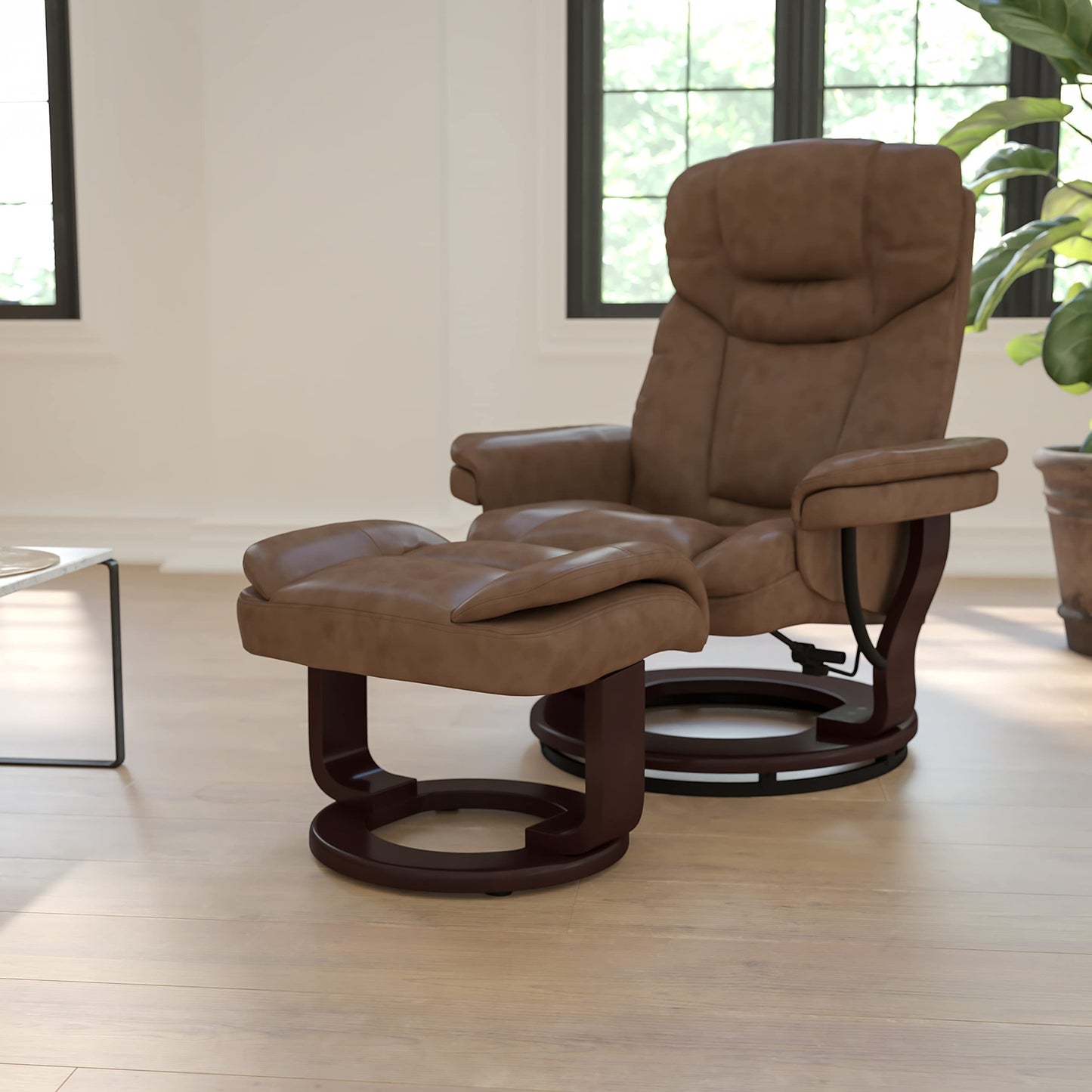 Flash Furniture Allie LeatherSoft Upholstered Recliner with Footrest, Arms, and Headrest, Padded Swivel Recliner Chair and Ottoman Set, Palimino