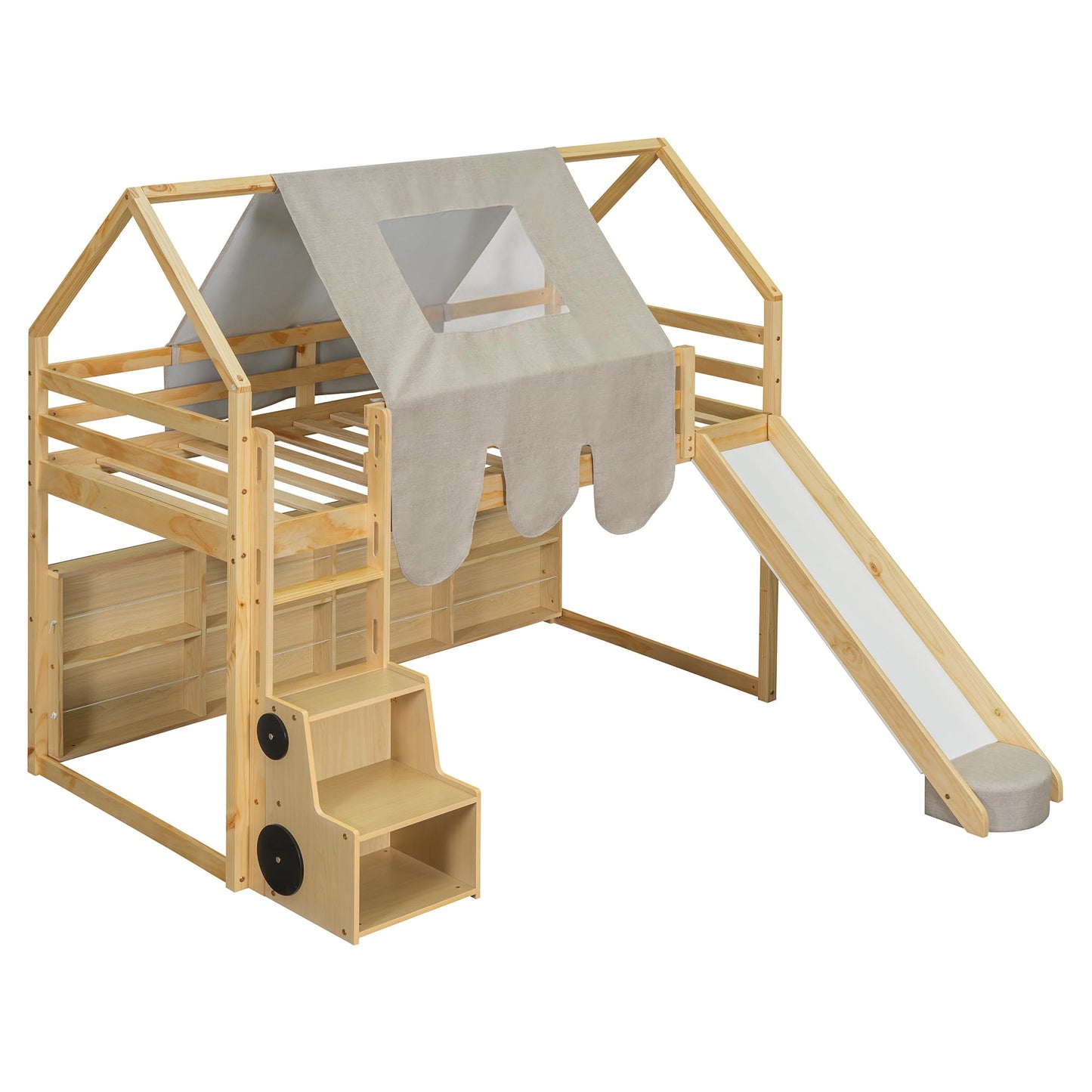 Merax Twin Size Junior Wood Loft Bed with Slide and Storage Shelves, House Loft Bed with Staircase for Girls Boys,Easy Assemble, Natural