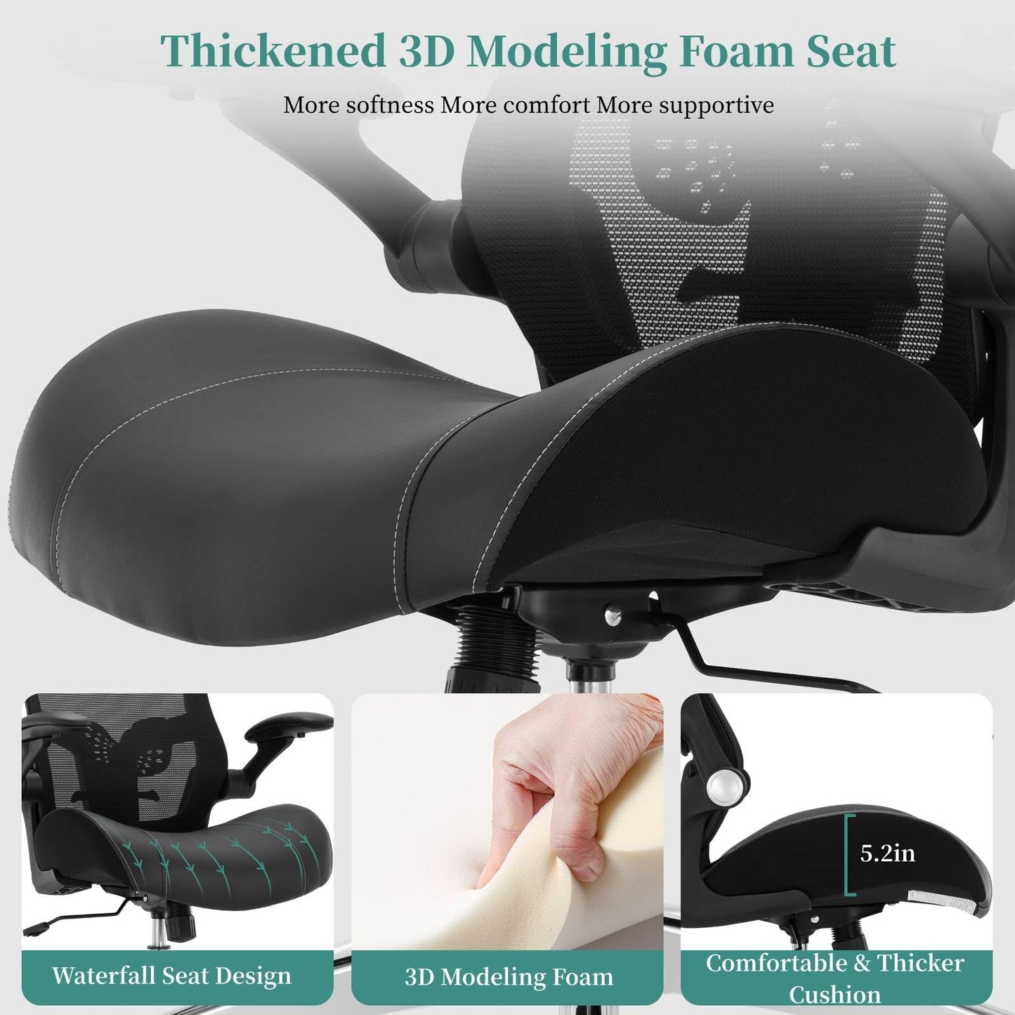Big and Tall Office Chair 400lbs, Heavy Duty Computer Desk Chair with Wide 3D Modeling Foam Seat, Ergonomic Executive Office Chair for Heavy People with Adjustable Lumbar Support Armrests Metal Base