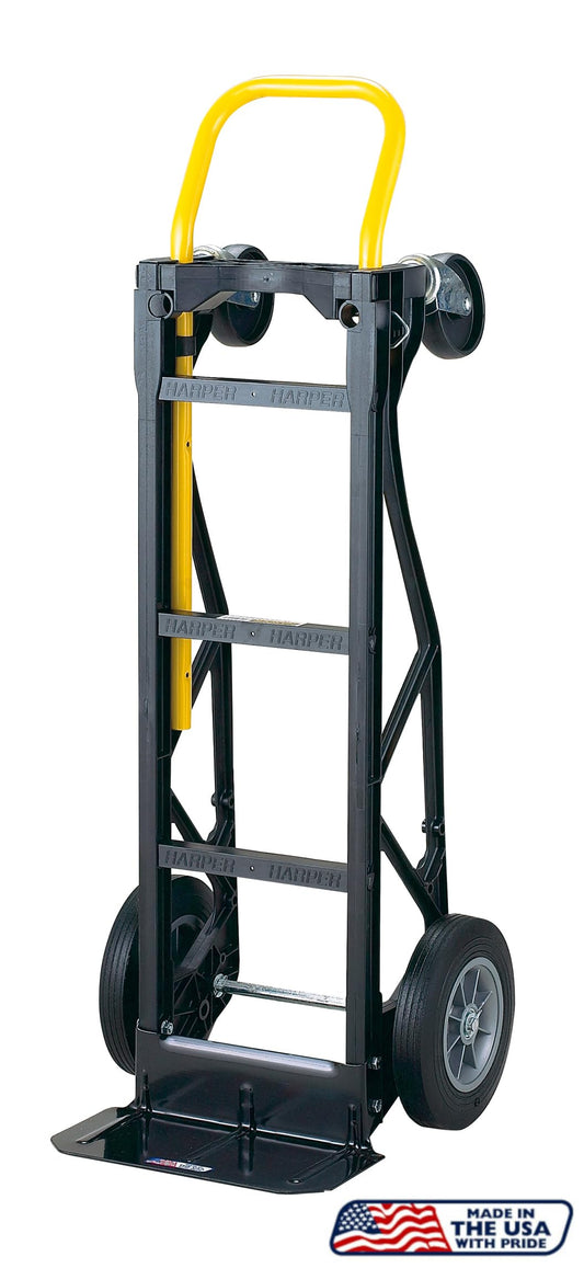 Harper Trucks PGDY8635P 600 lb/700 lb Convertible Hand Truck Dolly & 4-Wheel Cart, Rust-Resistant Nylon Frame, 10-Inch Solid Rubber Wheels, Stair Glides, Made in USA, Assembly Required