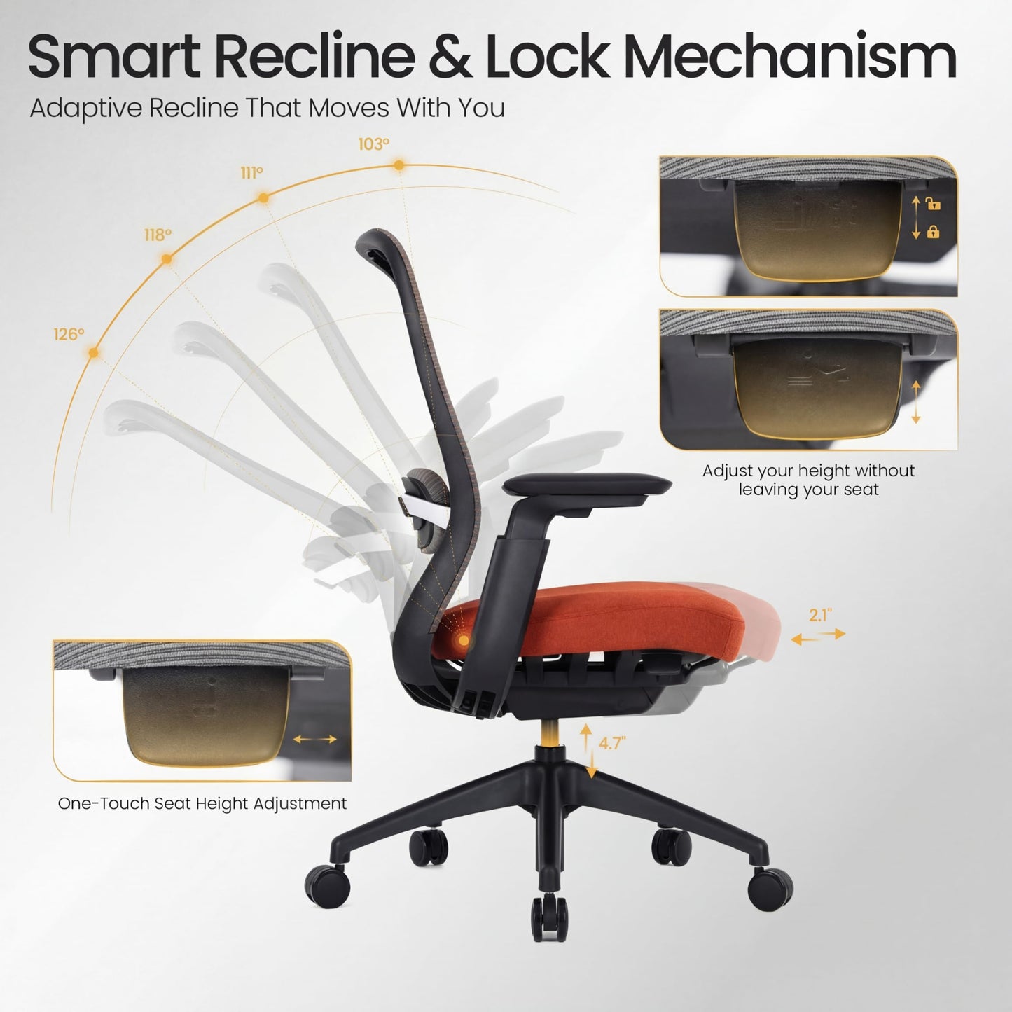 COLAMY Aether Executive Office Chair for Long Hours, One-Touch Easy Adjust Managerial Desk Chair with Levitating Seat Cushion & Pilot-Level Sync Armrests, 300 LBS Mid Back Mesh Computer Chair,Orange