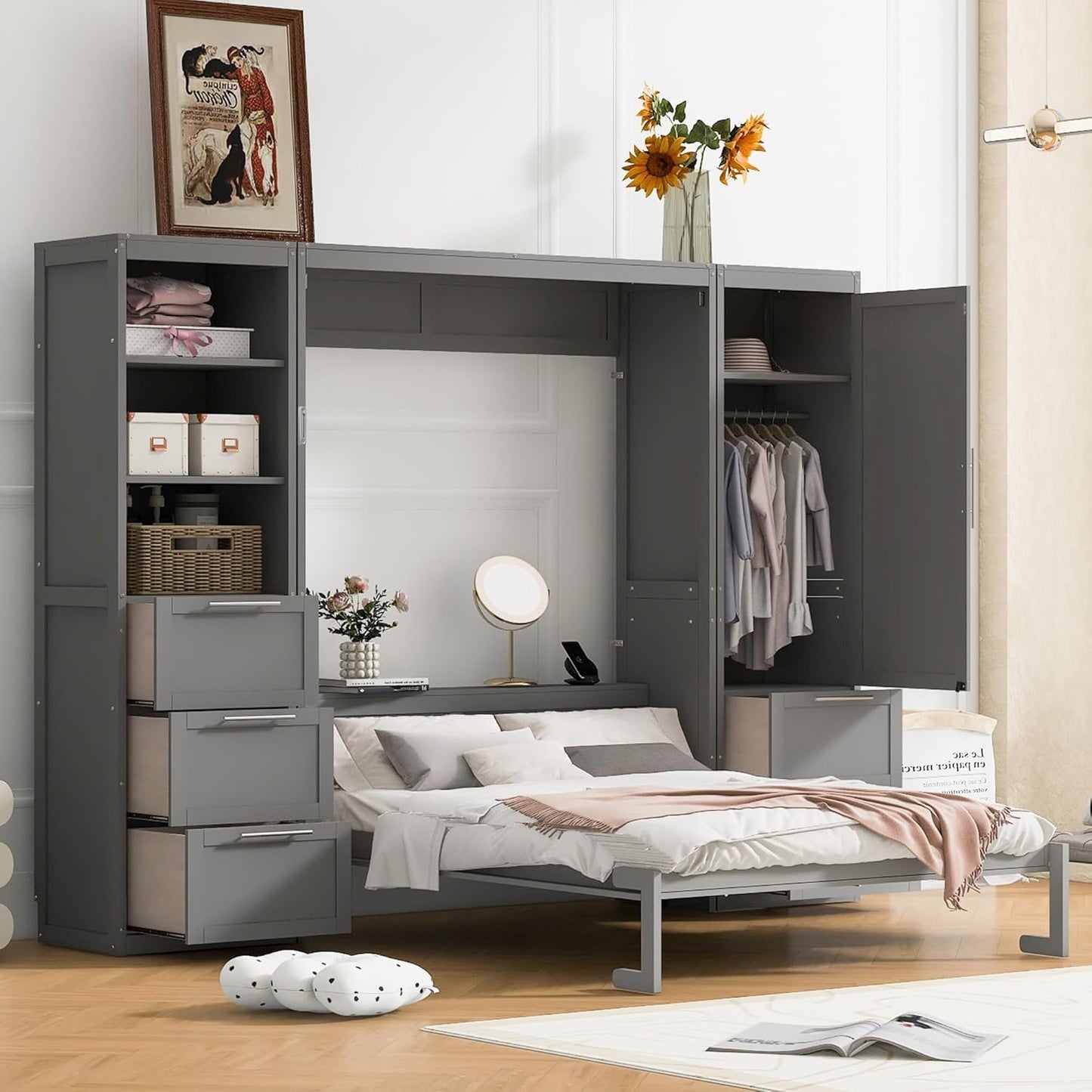 Queen Murphy Bed with Storage Wardrobe Closet,Drawers and Open Shelves,Wood Folding Farmhouse Murphy Wall Bed with Shelves,Space-Saving for Small Spaces Studio Study Office Guest Room (Grey)
