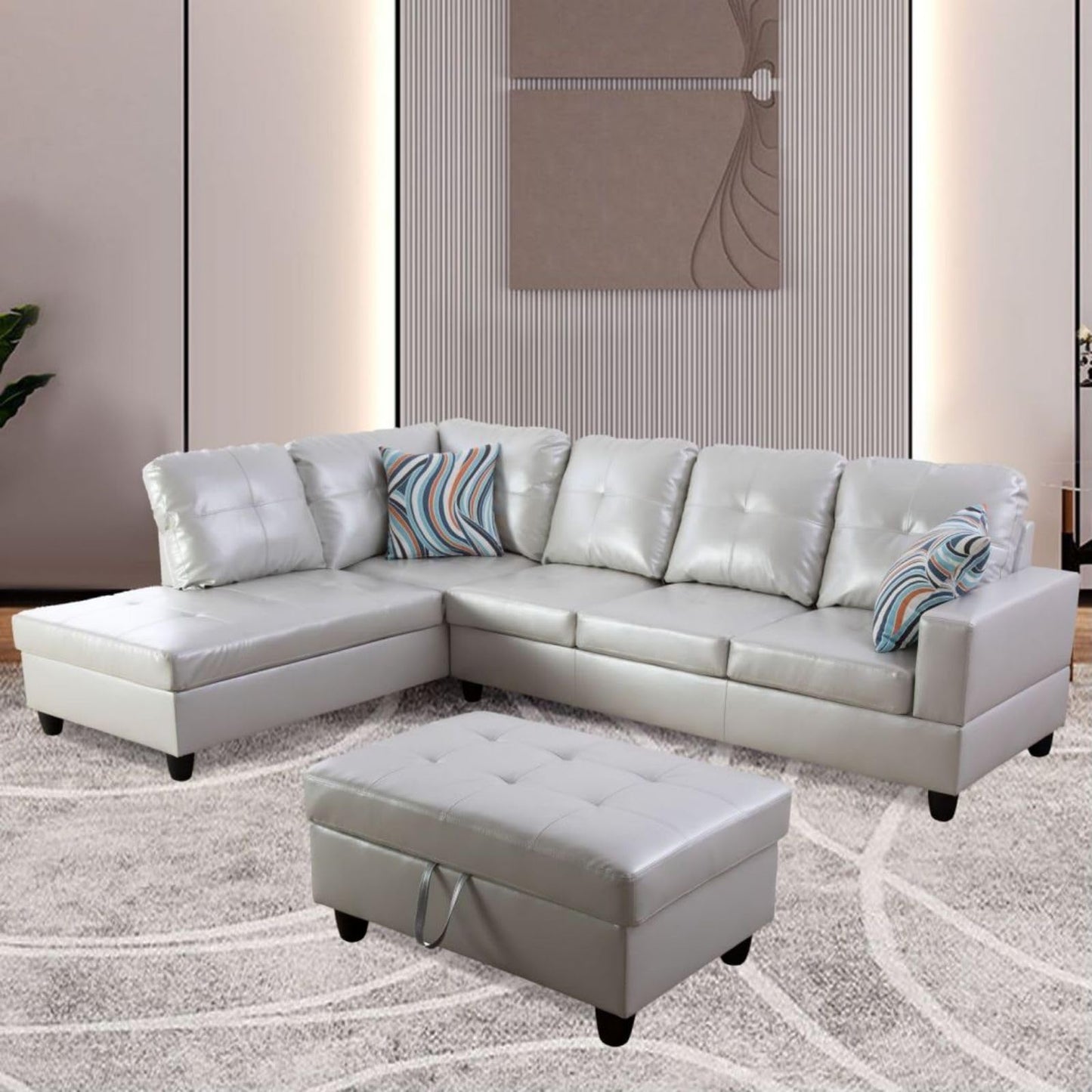 UOCFYK L-Shaped 3-Piece Semi PU Synthetic Leather Sofa with Storage Ottoman Set, Sectional Couch Sofa Set for Living Room, Office, Small Space, Grey